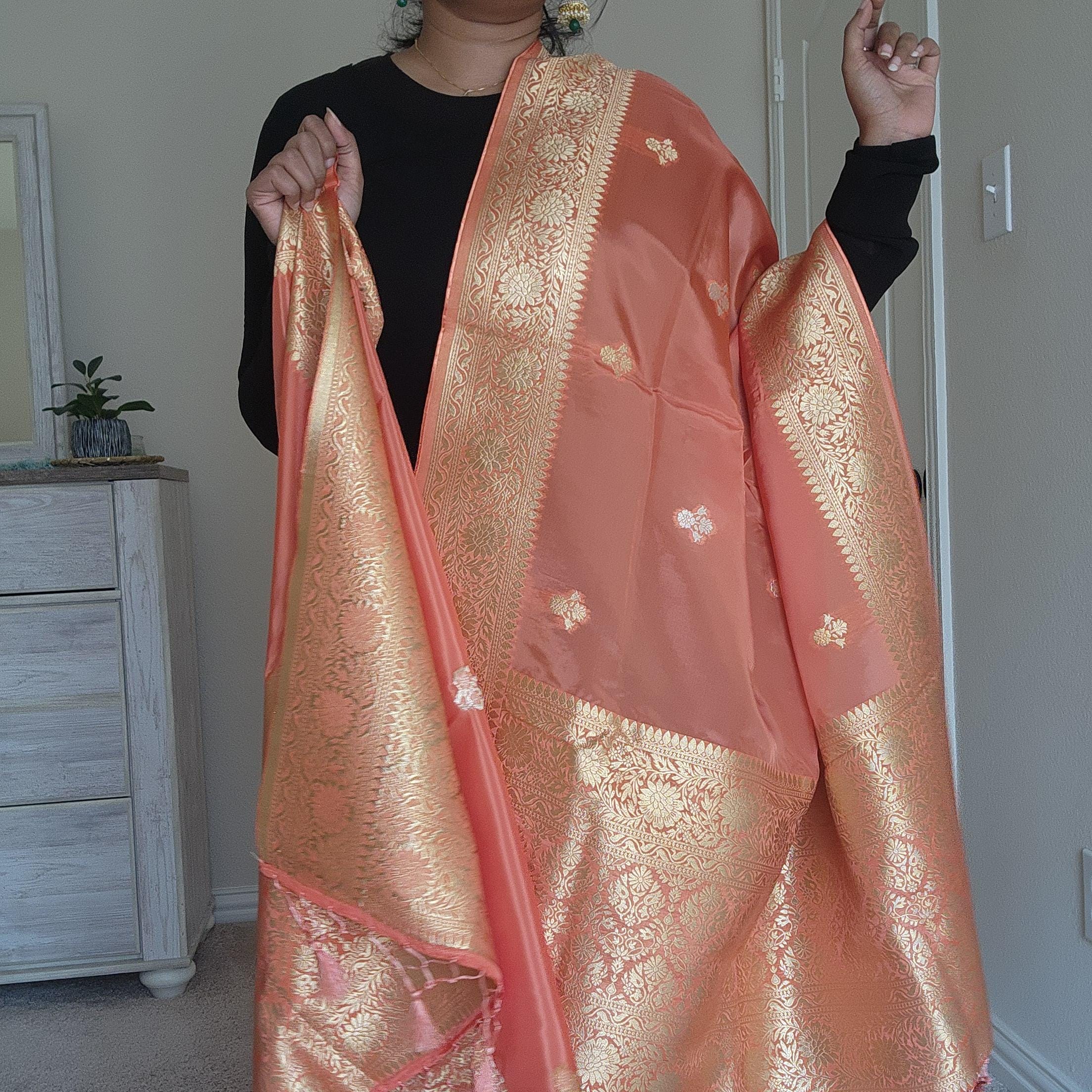 Banarasi Katan Silk Handwoven Dupatta in Peach