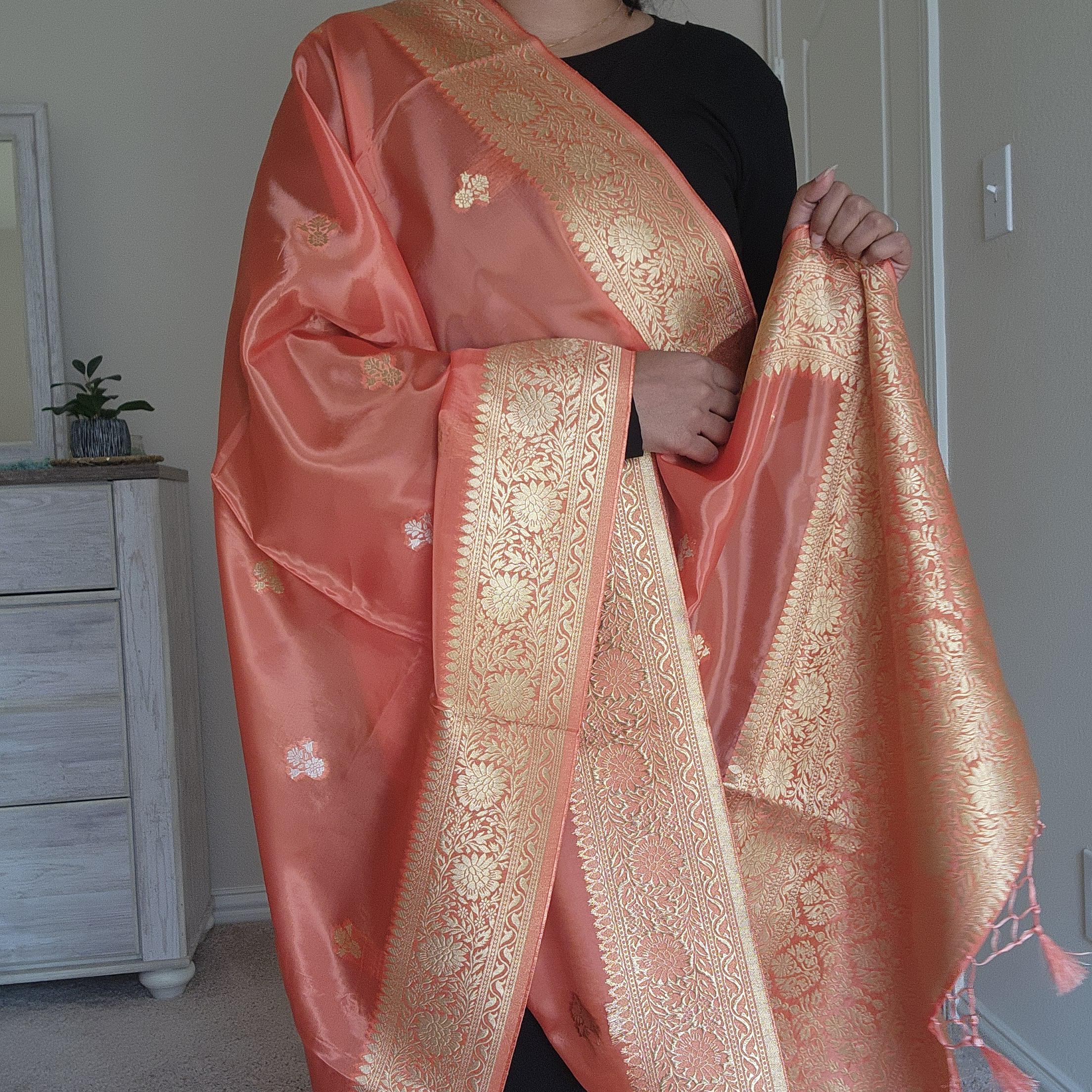 Banarasi Katan Silk Handwoven Dupatta in Peach