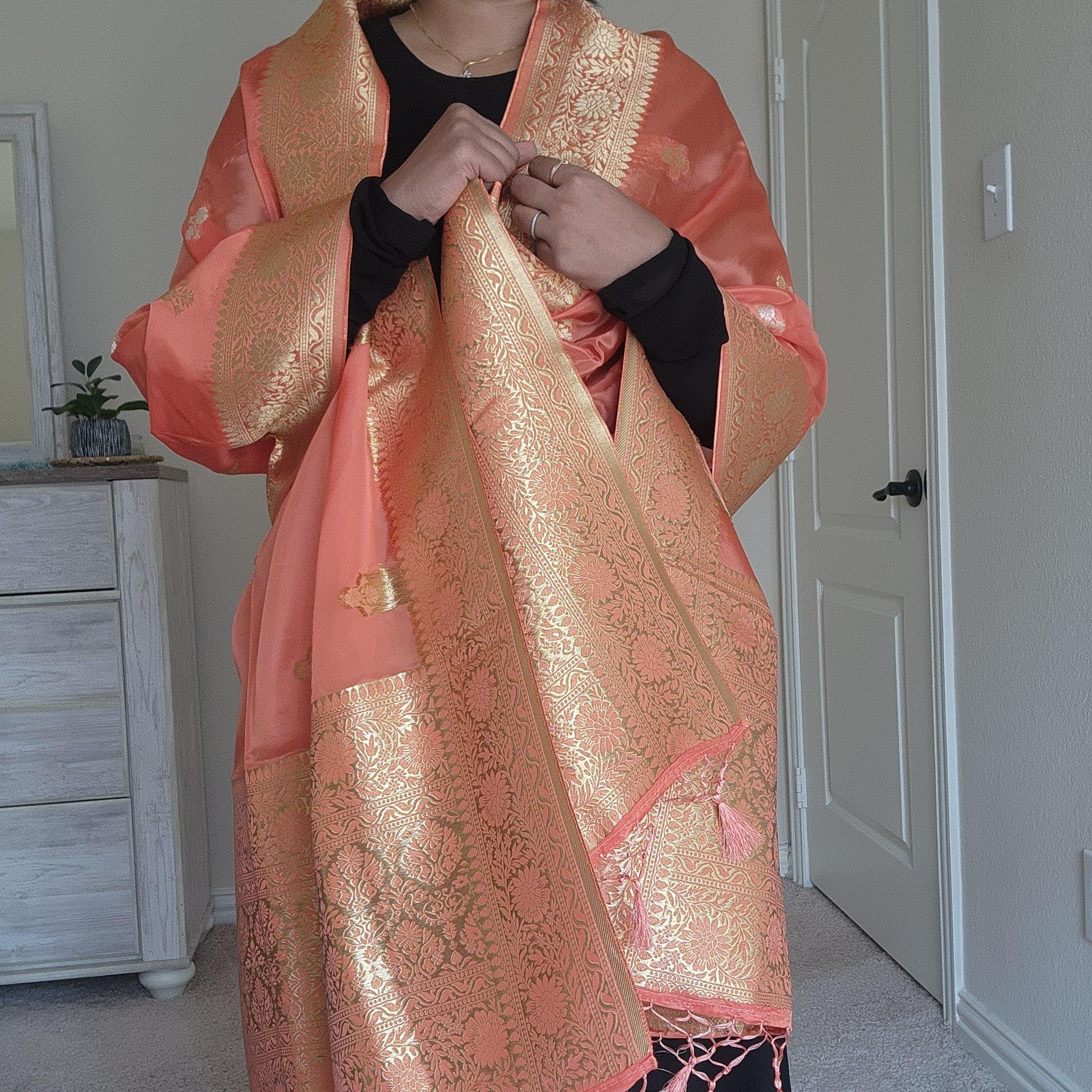 Banarasi Katan Silk Handwoven Dupatta in Peach