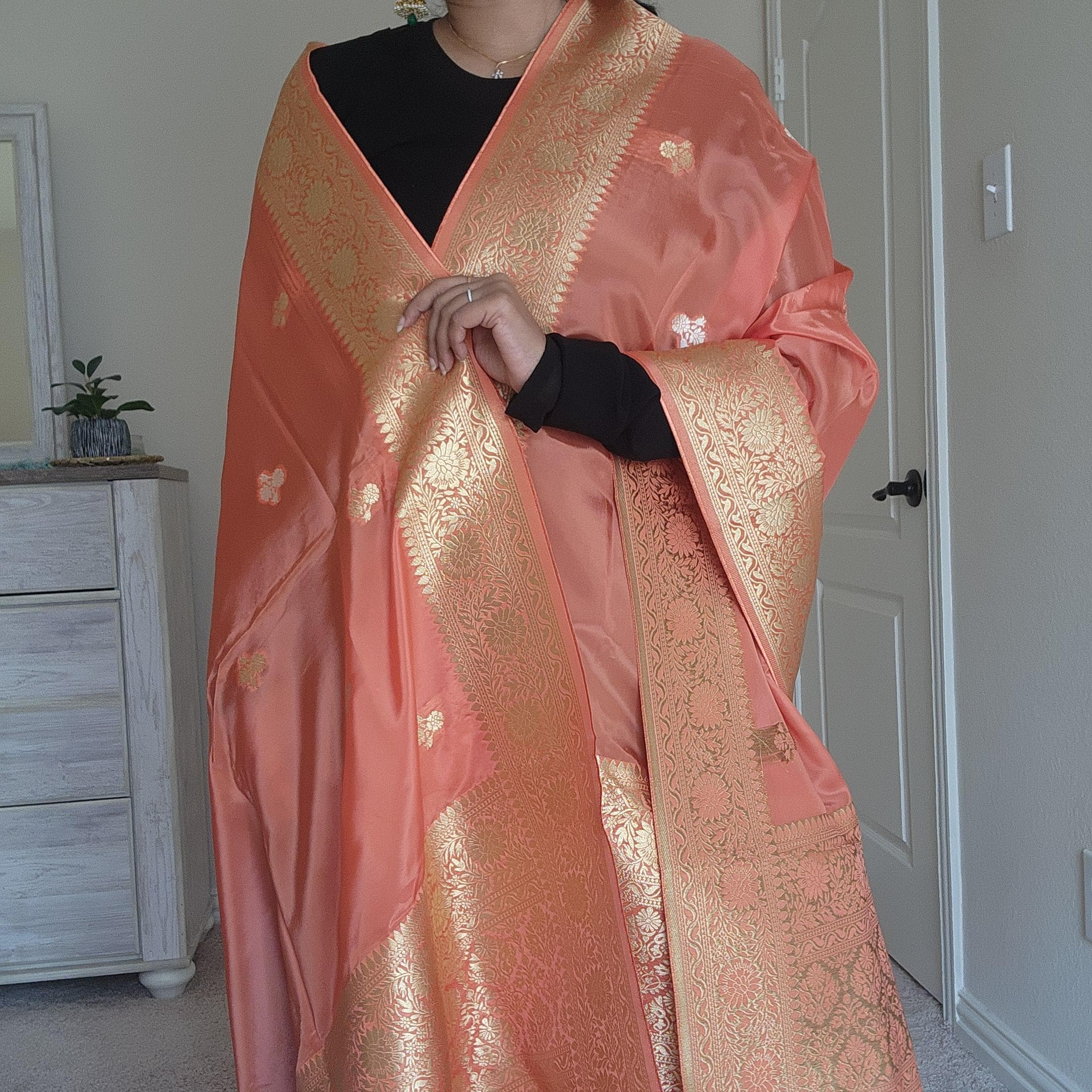 Banarasi Katan Silk Handwoven Dupatta in Peach