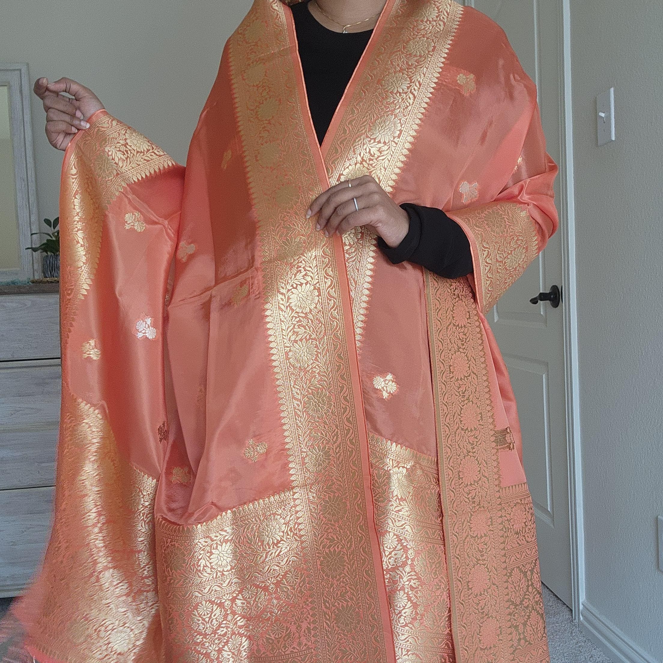 Banarasi Katan Silk Handwoven Dupatta in Peach