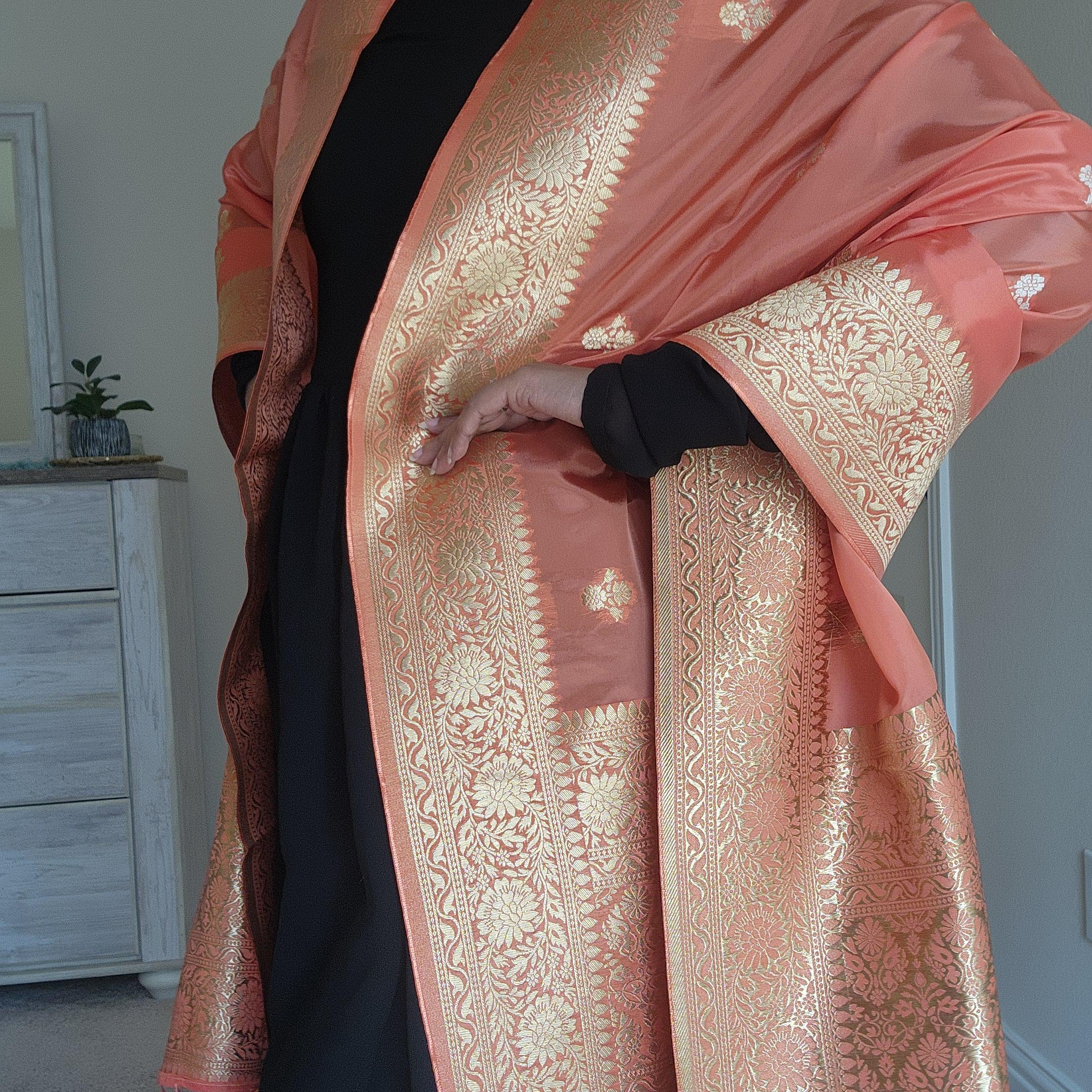 Banarasi Katan Silk Handwoven Dupatta in Peach