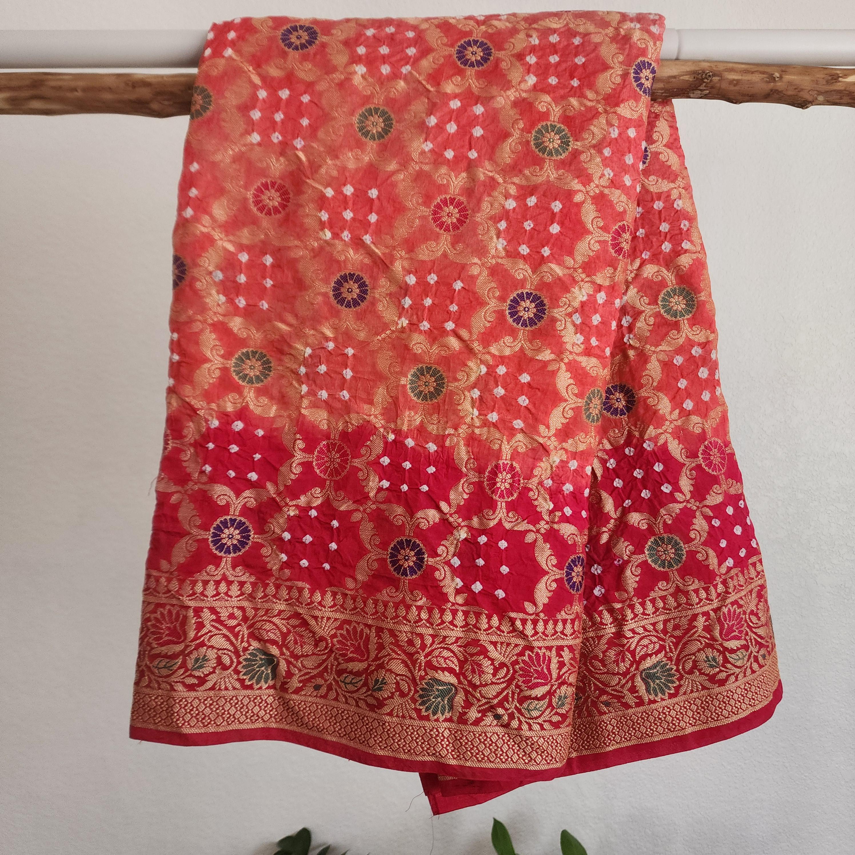 Banarasi Handwoven Bandhni Dupatta in Peach Base & Rani Pink borders