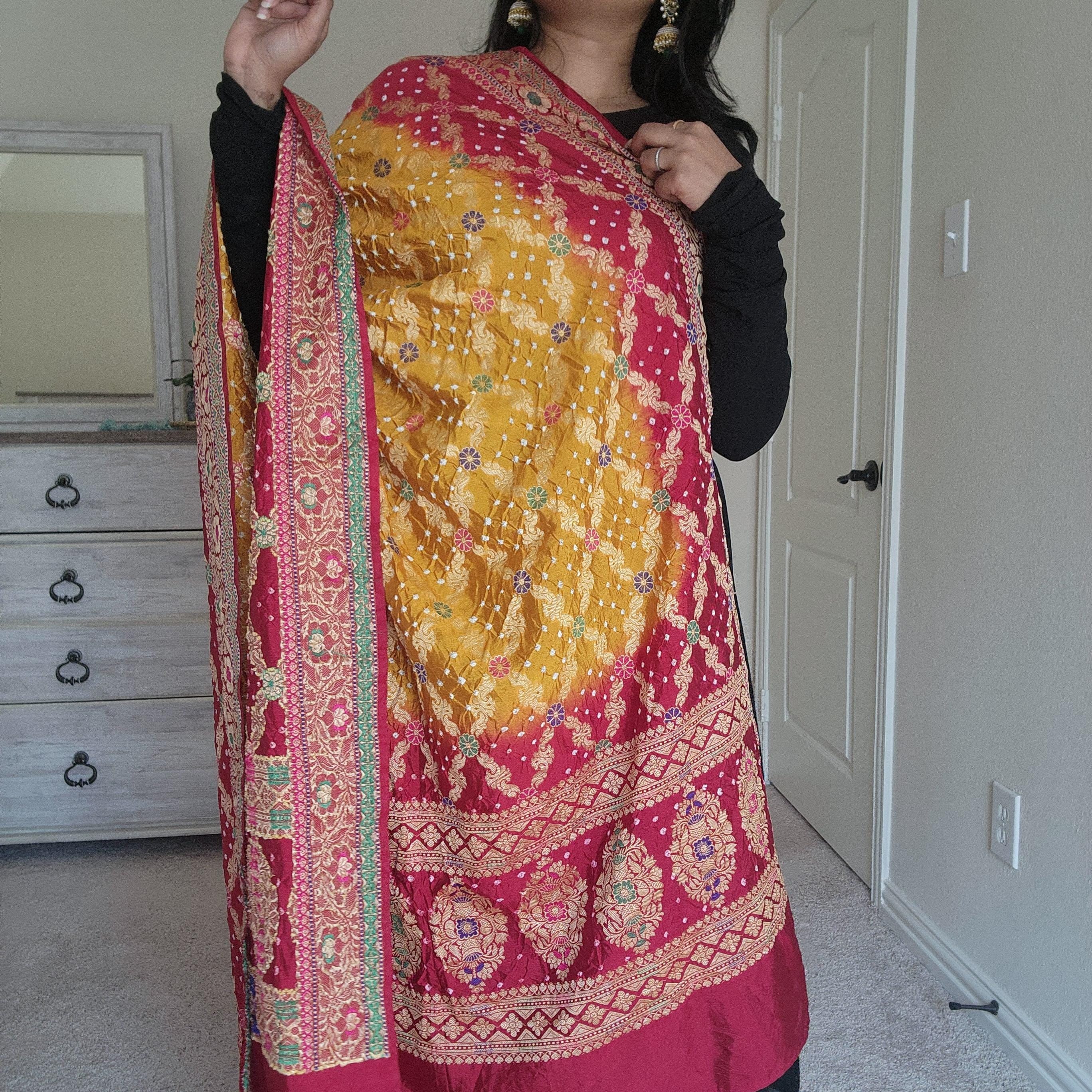 Banarasi Handwoven Bandhni Dupatta in Mustard Yellow Base & Maroon Red borders