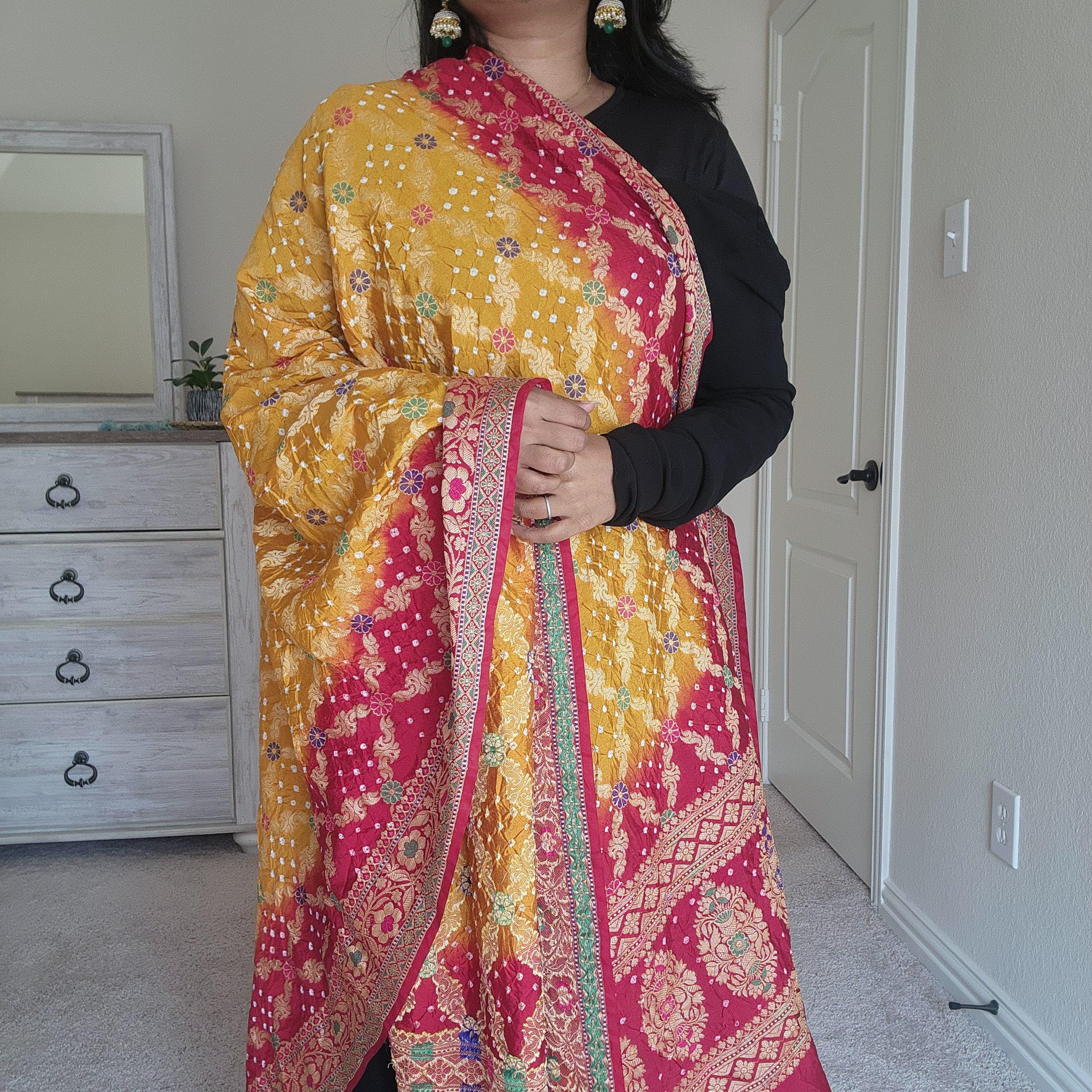 Banarasi Handwoven Bandhni Dupatta in Mustard Yellow Base & Maroon Red borders