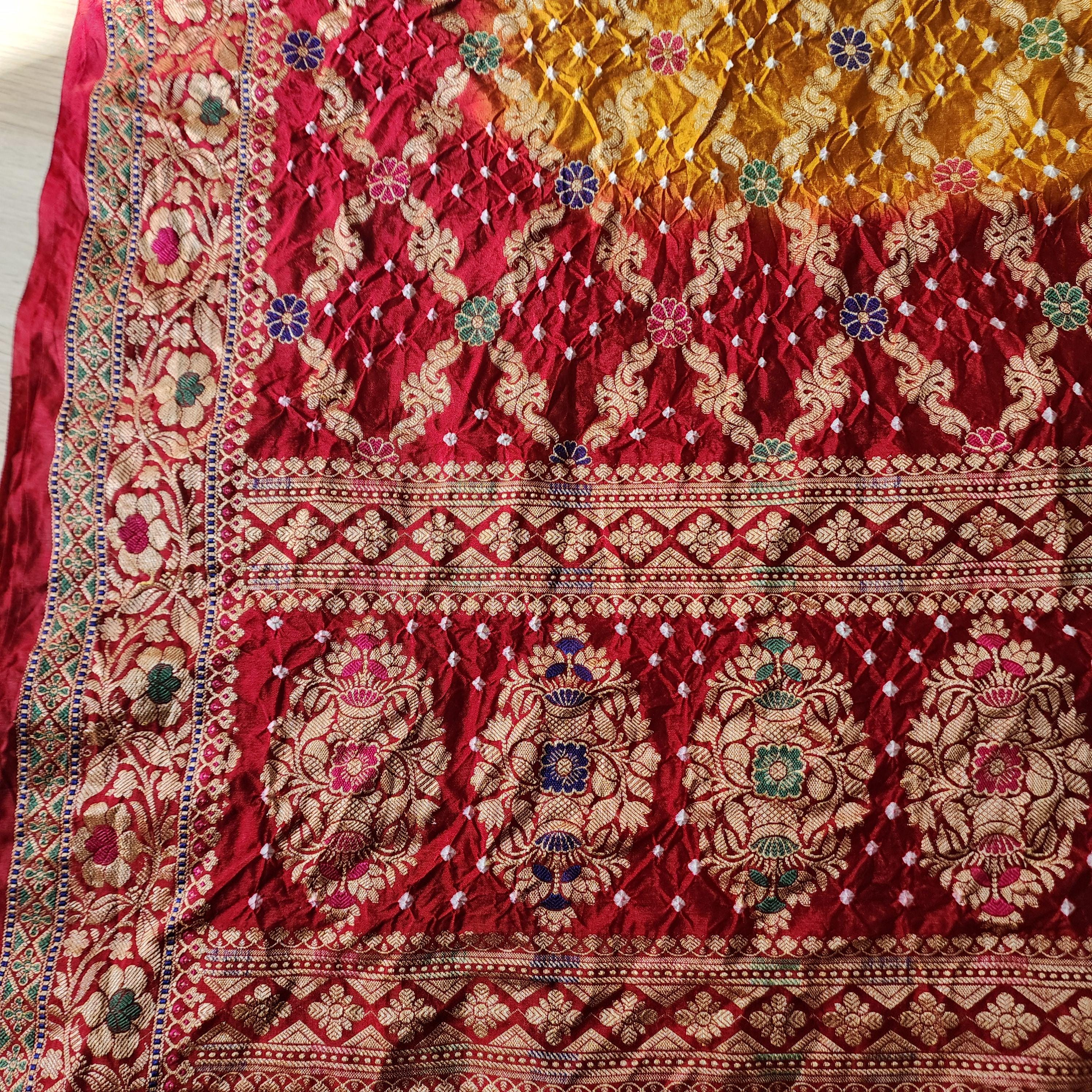 Banarasi Handwoven Bandhni Dupatta in Mustard Yellow Base & Maroon Red borders