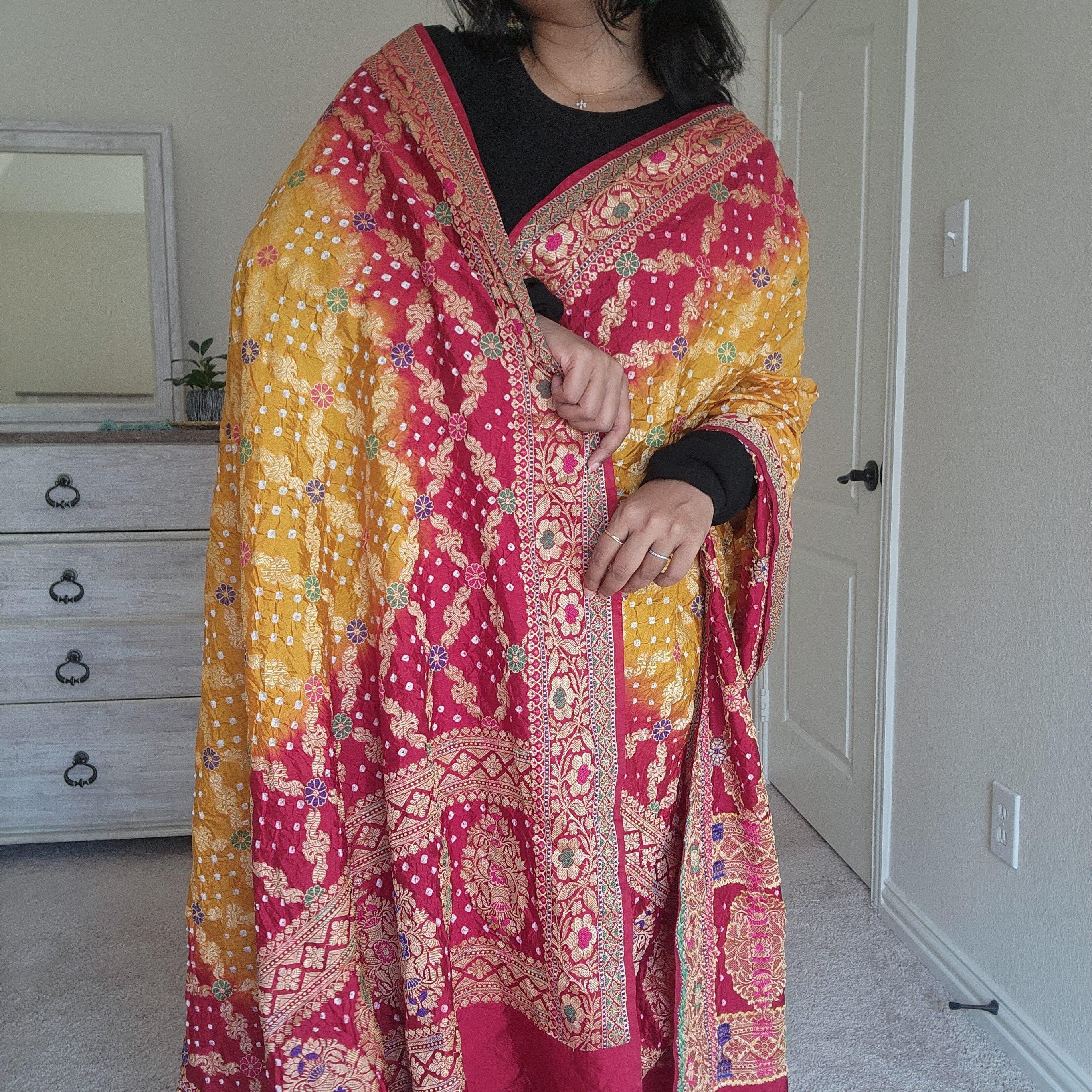 Banarasi Handwoven Bandhni Dupatta in Mustard Yellow Base & Maroon Red borders
