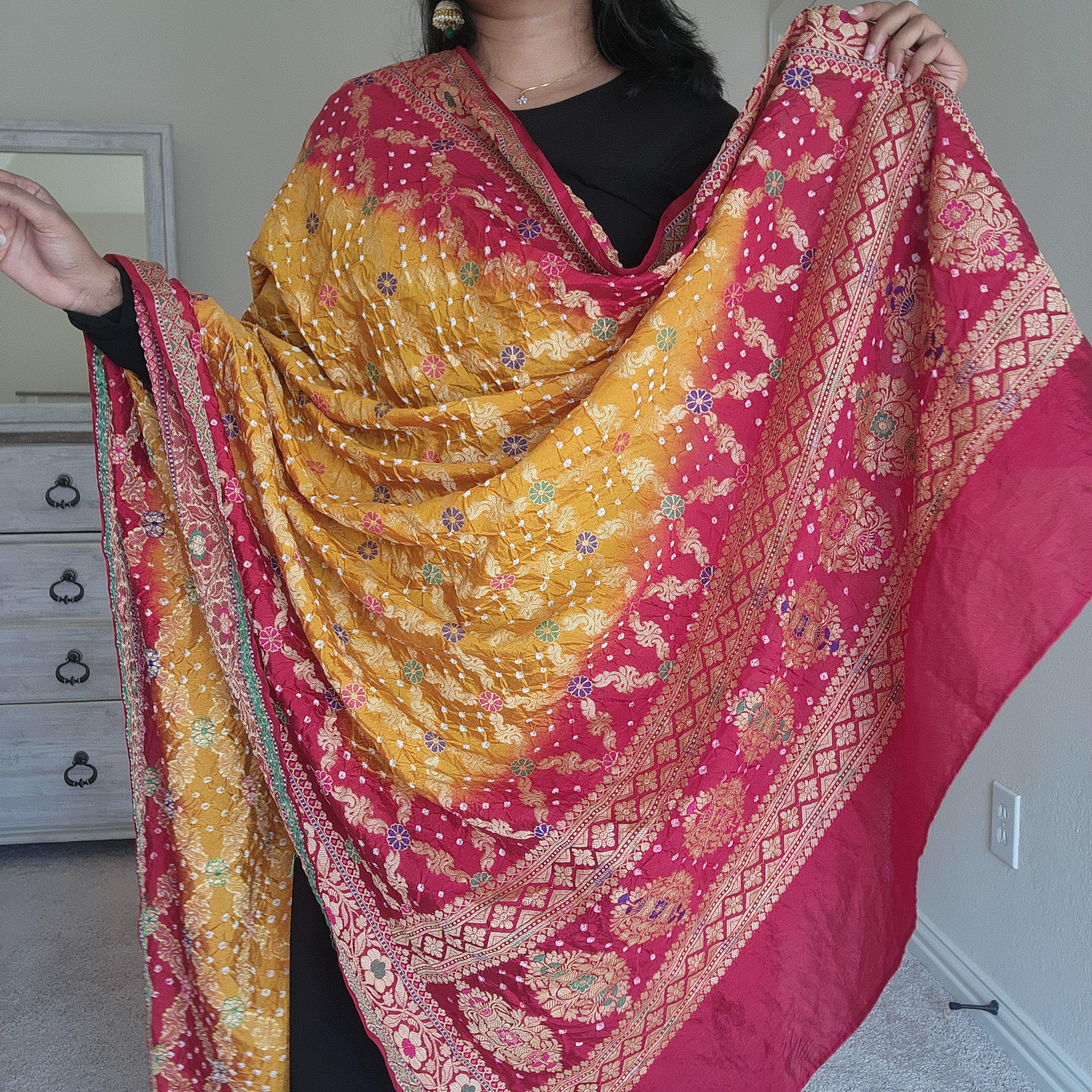 Banarasi Handwoven Bandhni Dupatta in Mustard Yellow Base & Maroon Red borders