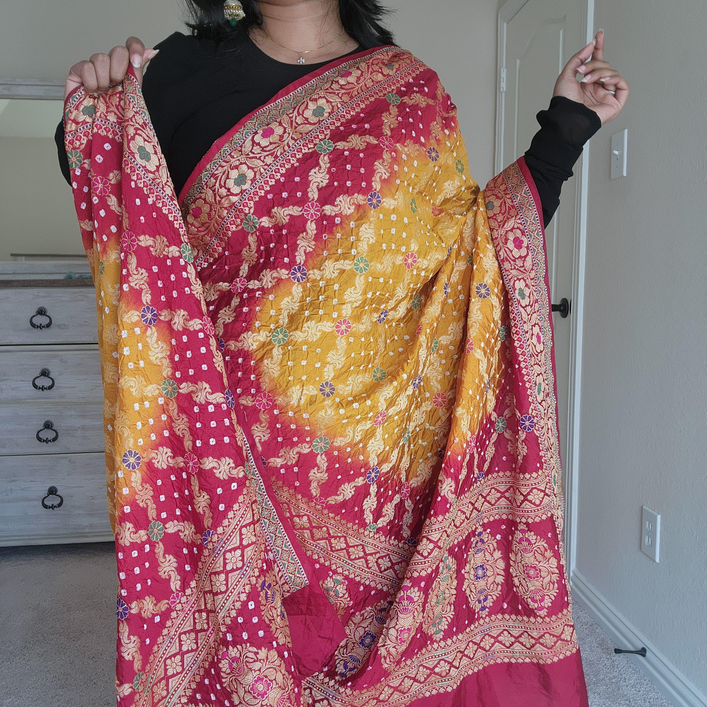 Banarasi Handwoven Bandhni Dupatta in Mustard Yellow Base & Maroon Red borders