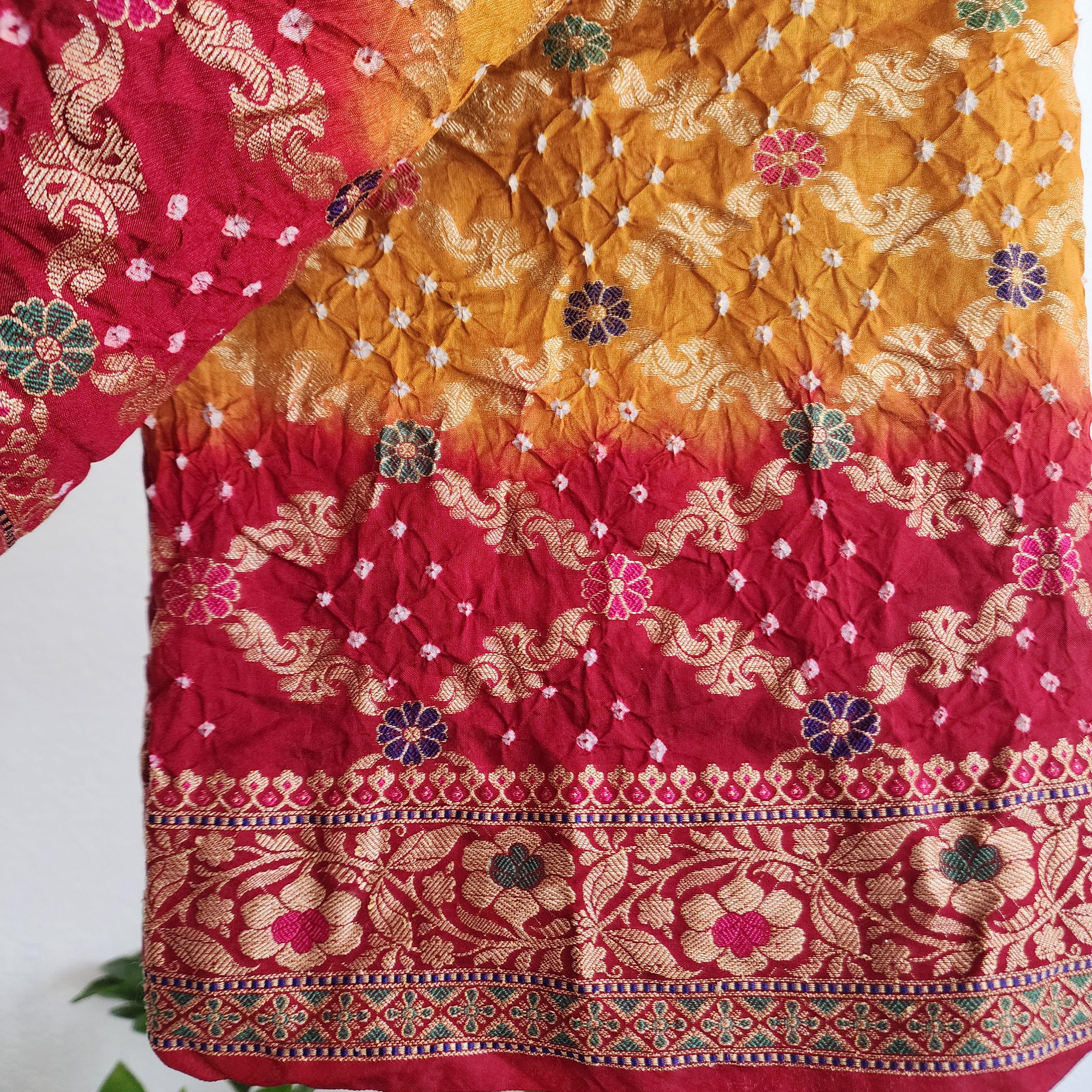 Banarasi Handwoven Bandhni Dupatta in Mustard Yellow Base & Maroon Red borders