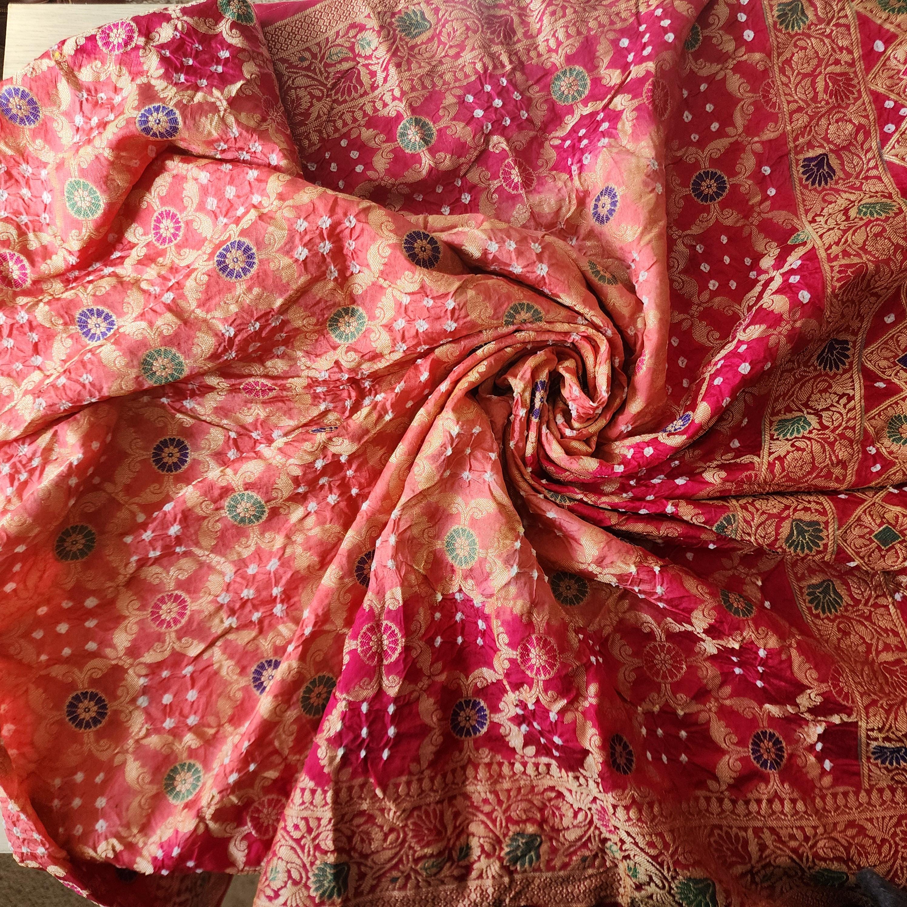 Banarasi Handwoven Bandhni Dupatta in Peach Base & Rani Pink borders