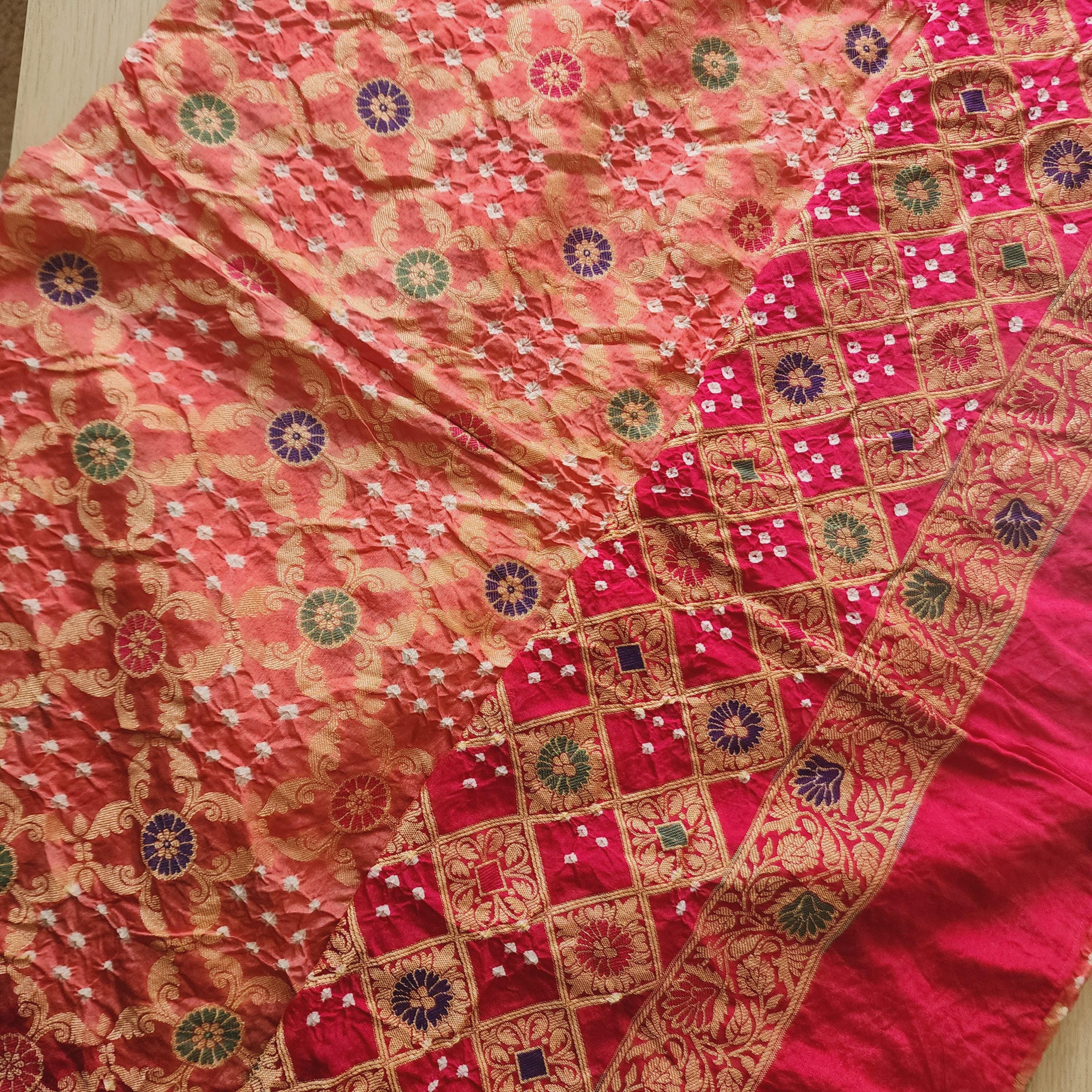 Banarasi Handwoven Bandhni Dupatta in Peach Base & Rani Pink borders