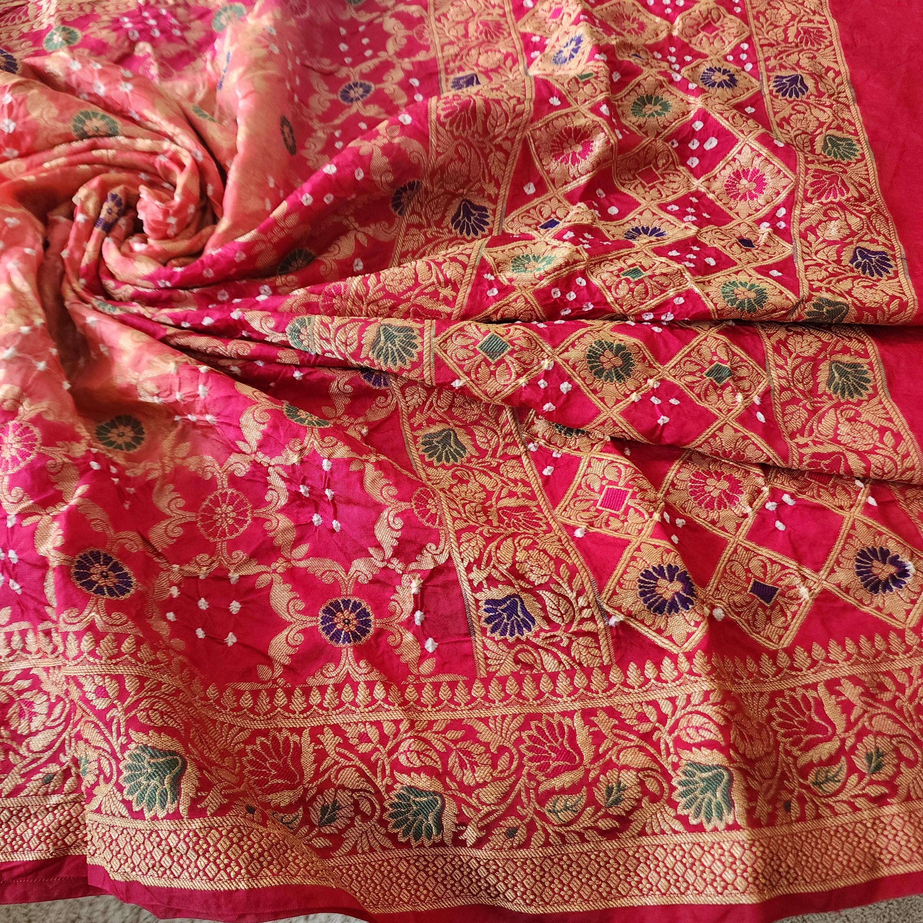 Banarasi Handwoven Bandhni Dupatta in Peach Base & Rani Pink borders