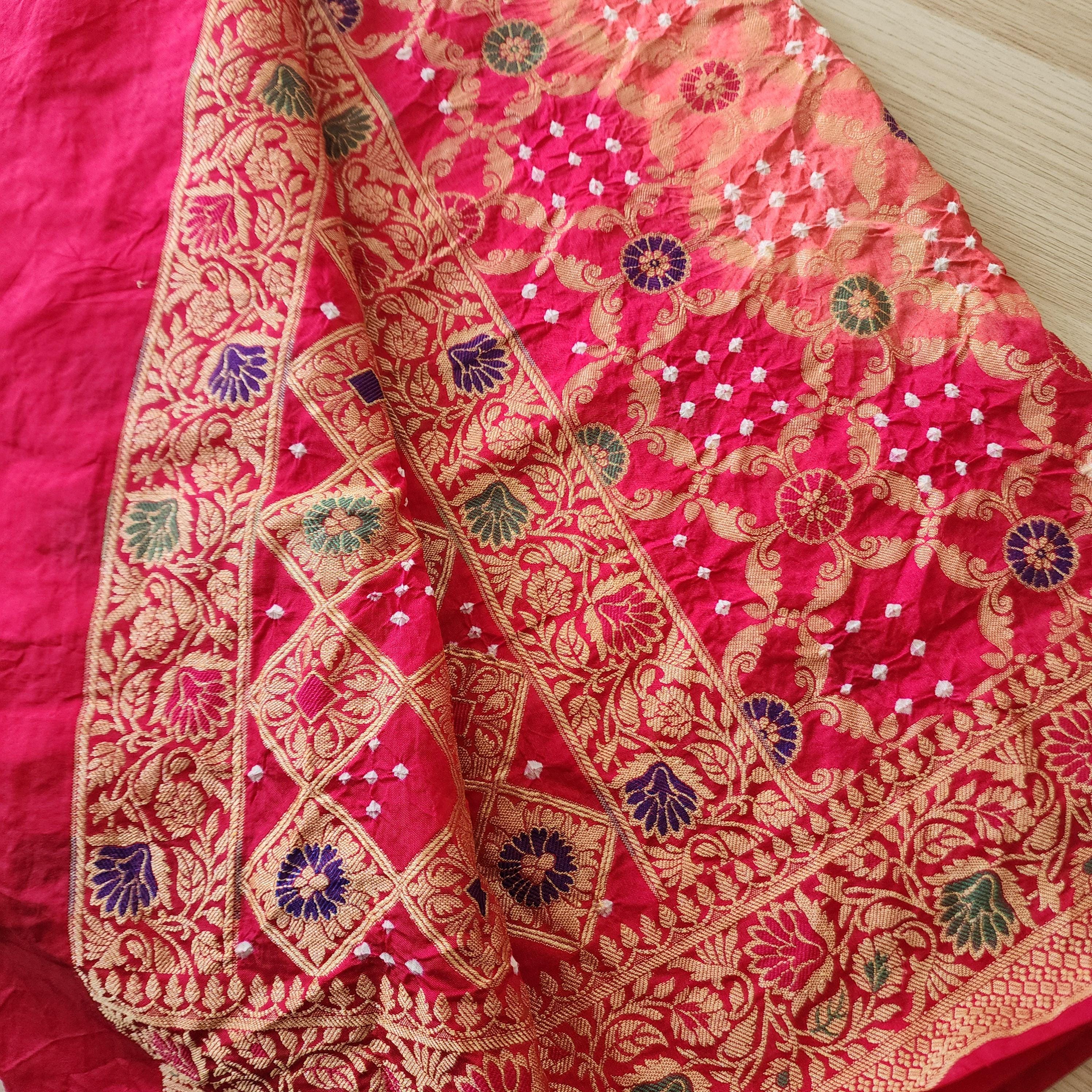 Banarasi Handwoven Bandhni Dupatta in Peach Base & Rani Pink borders