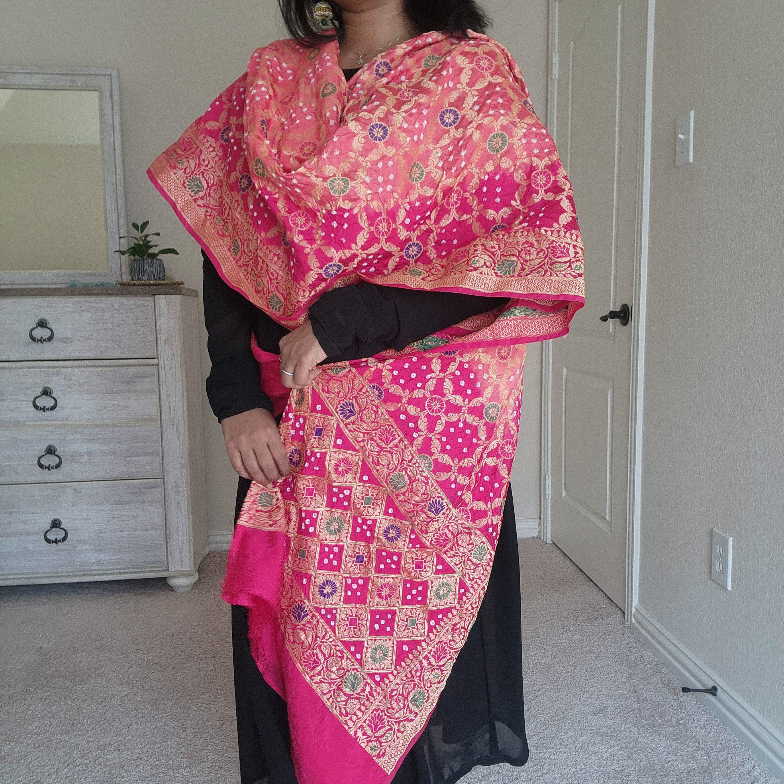 Banarasi Handwoven Bandhni Dupatta in Peach Base & Rani Pink borders