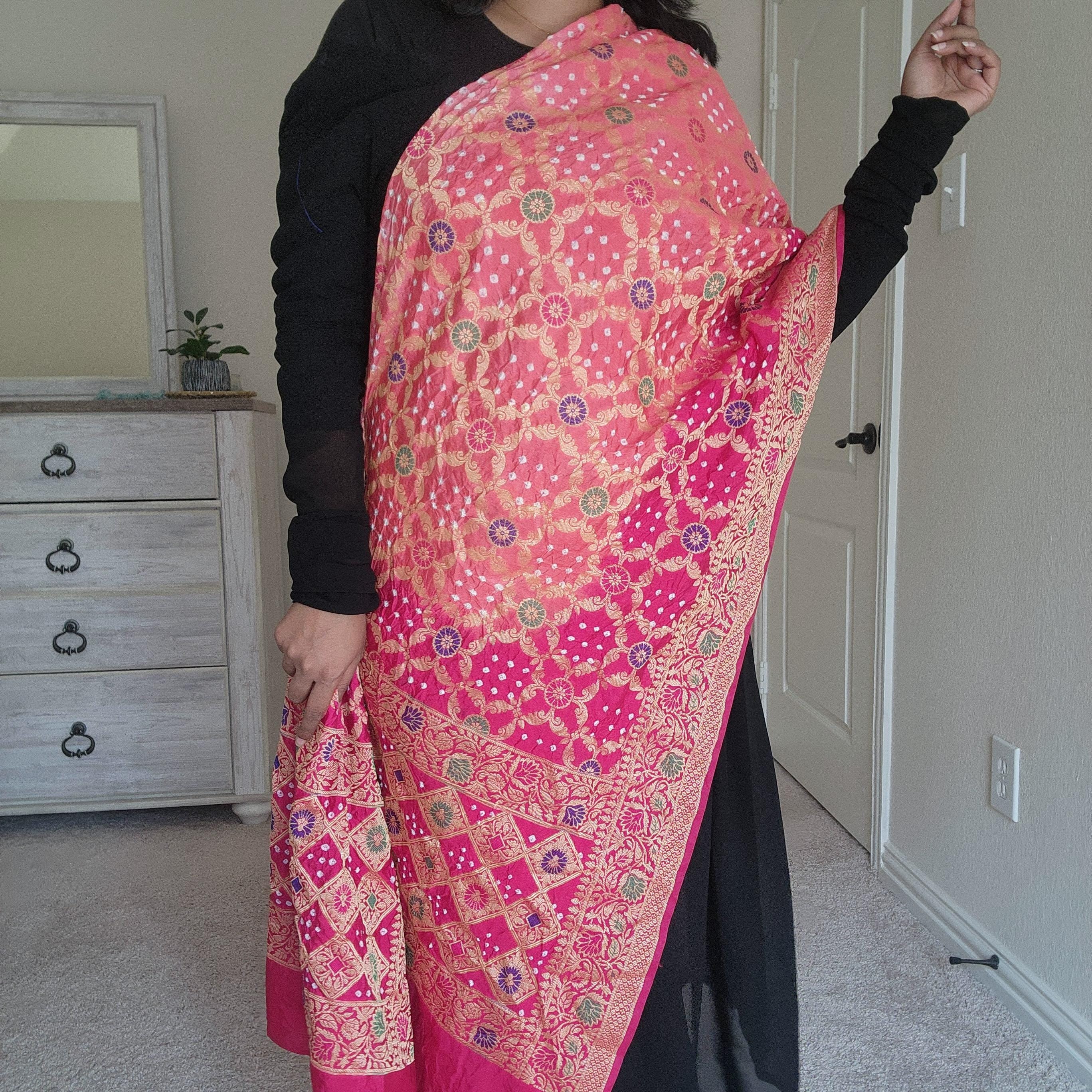 Banarasi Handwoven Bandhni Dupatta in Peach Base & Rani Pink borders