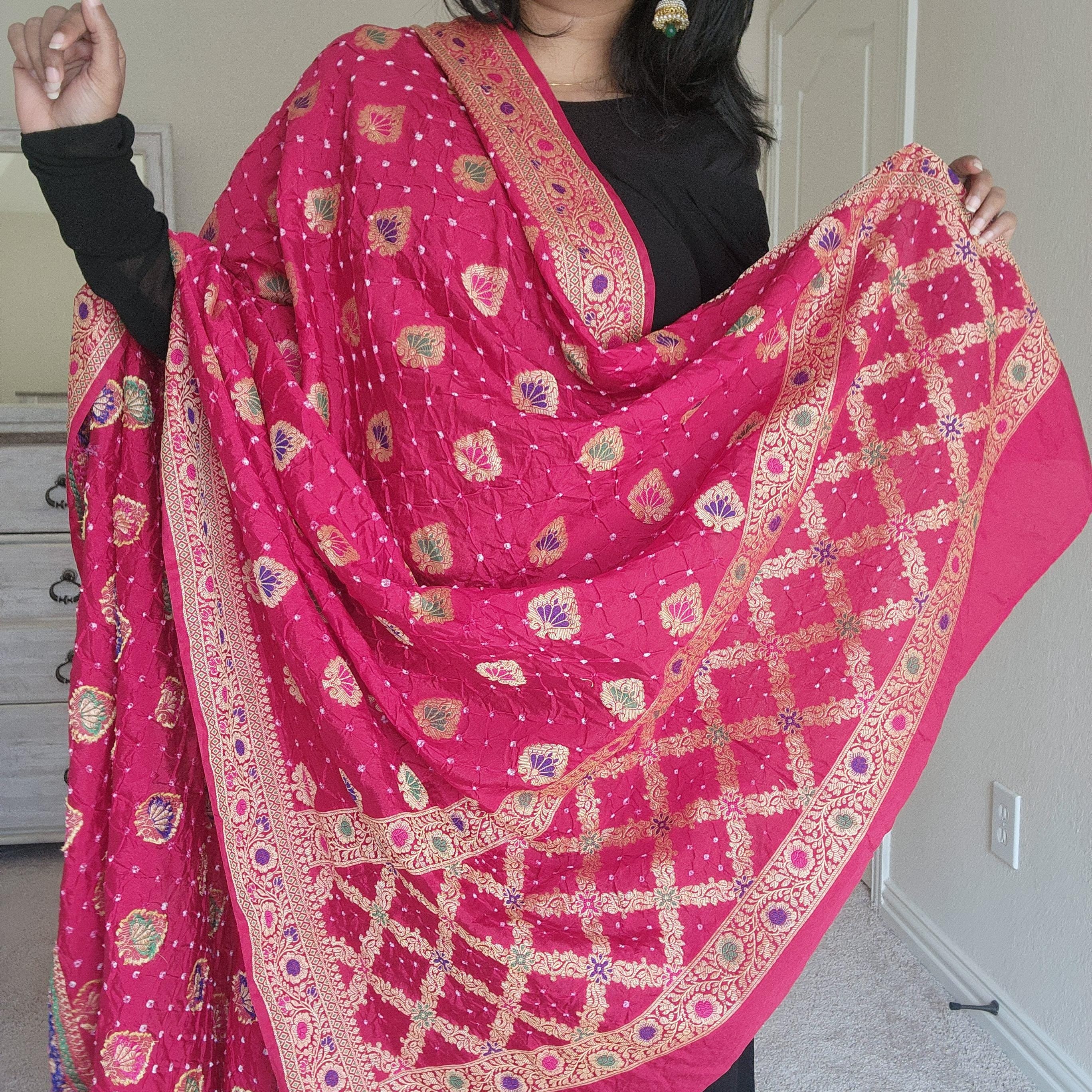 Banarasi Handwoven Bandhni Dupatta in Bright Red