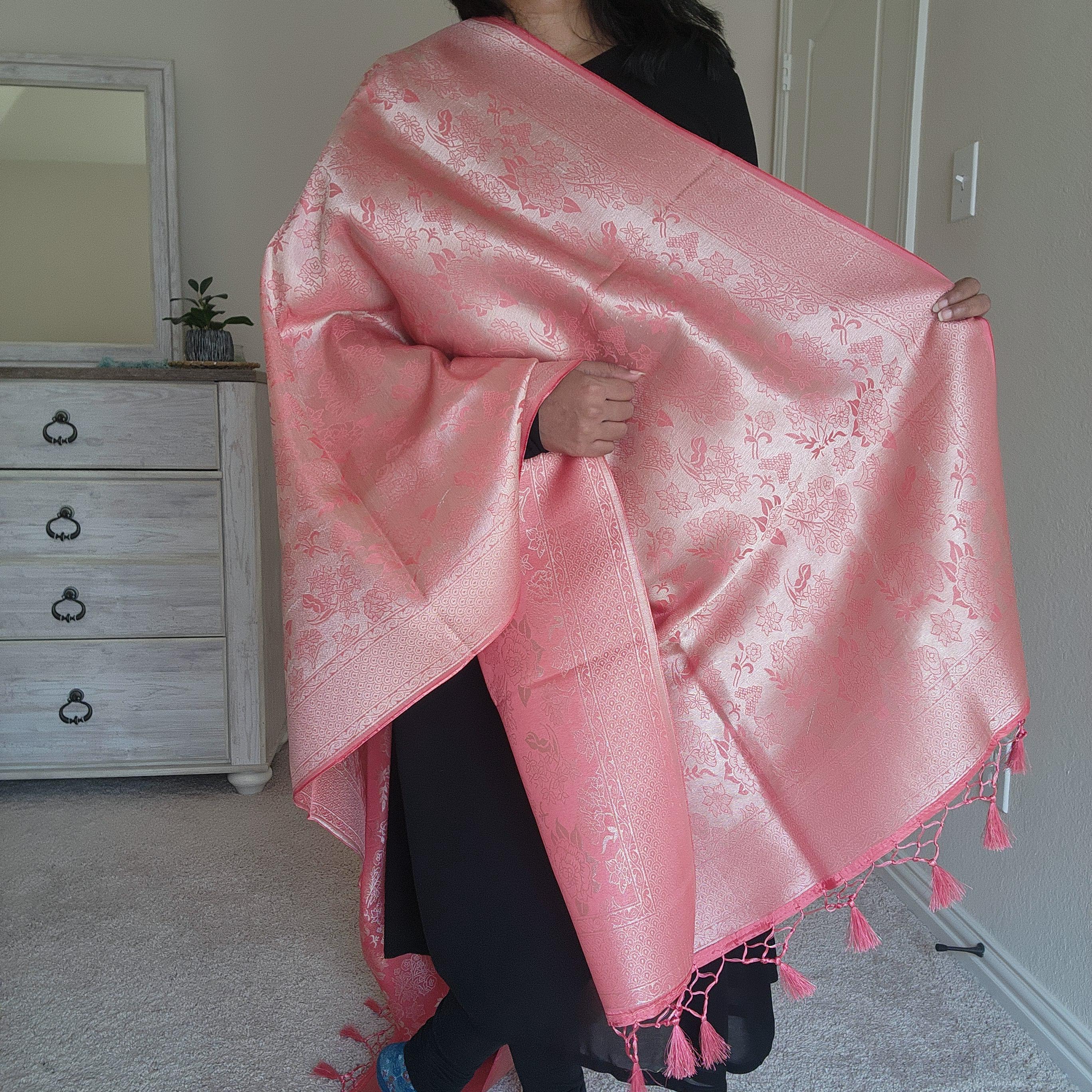 Banarasi Katan Silk Handwoven Dupatta in Coral Pink