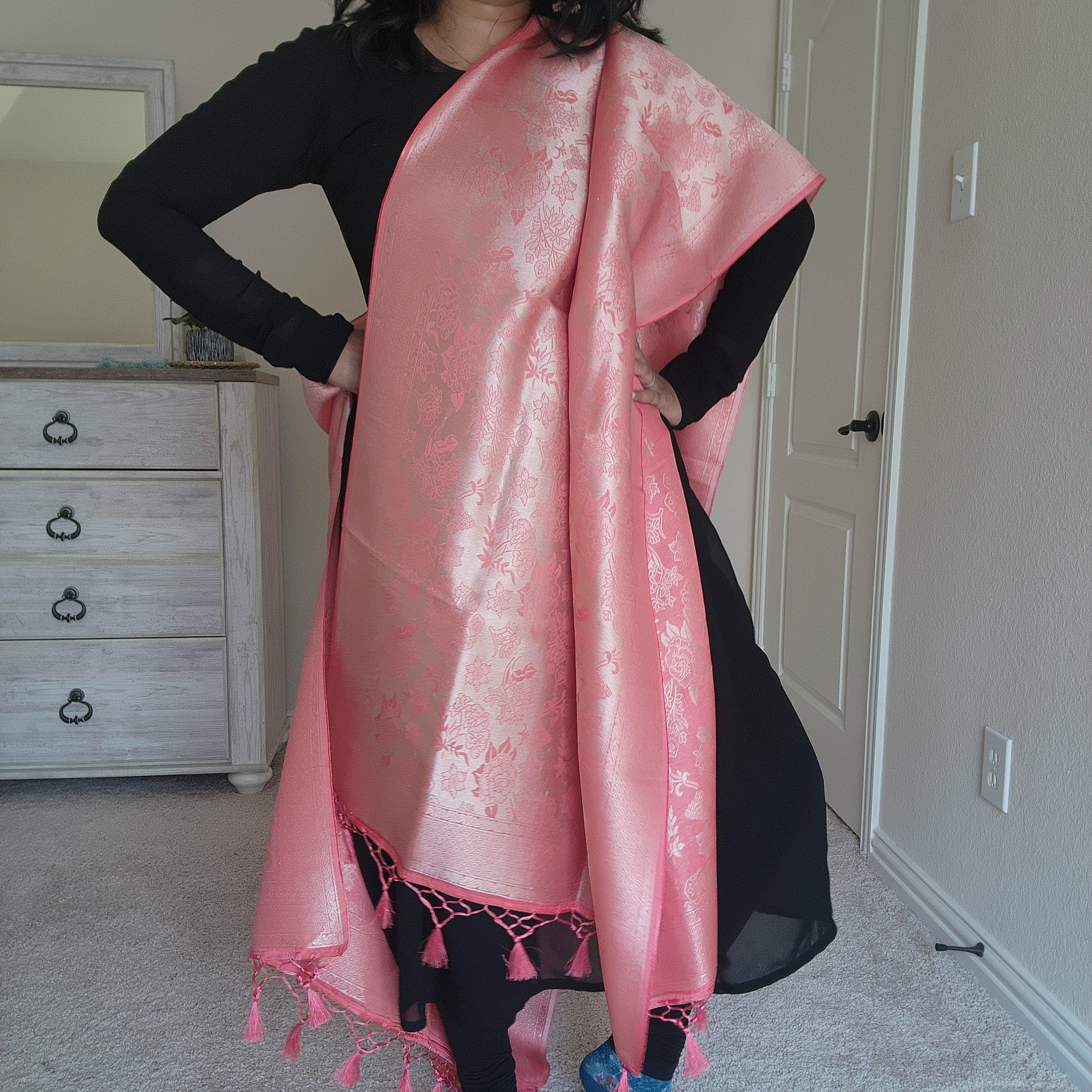 Banarasi Katan Silk Handwoven Dupatta in Coral Pink