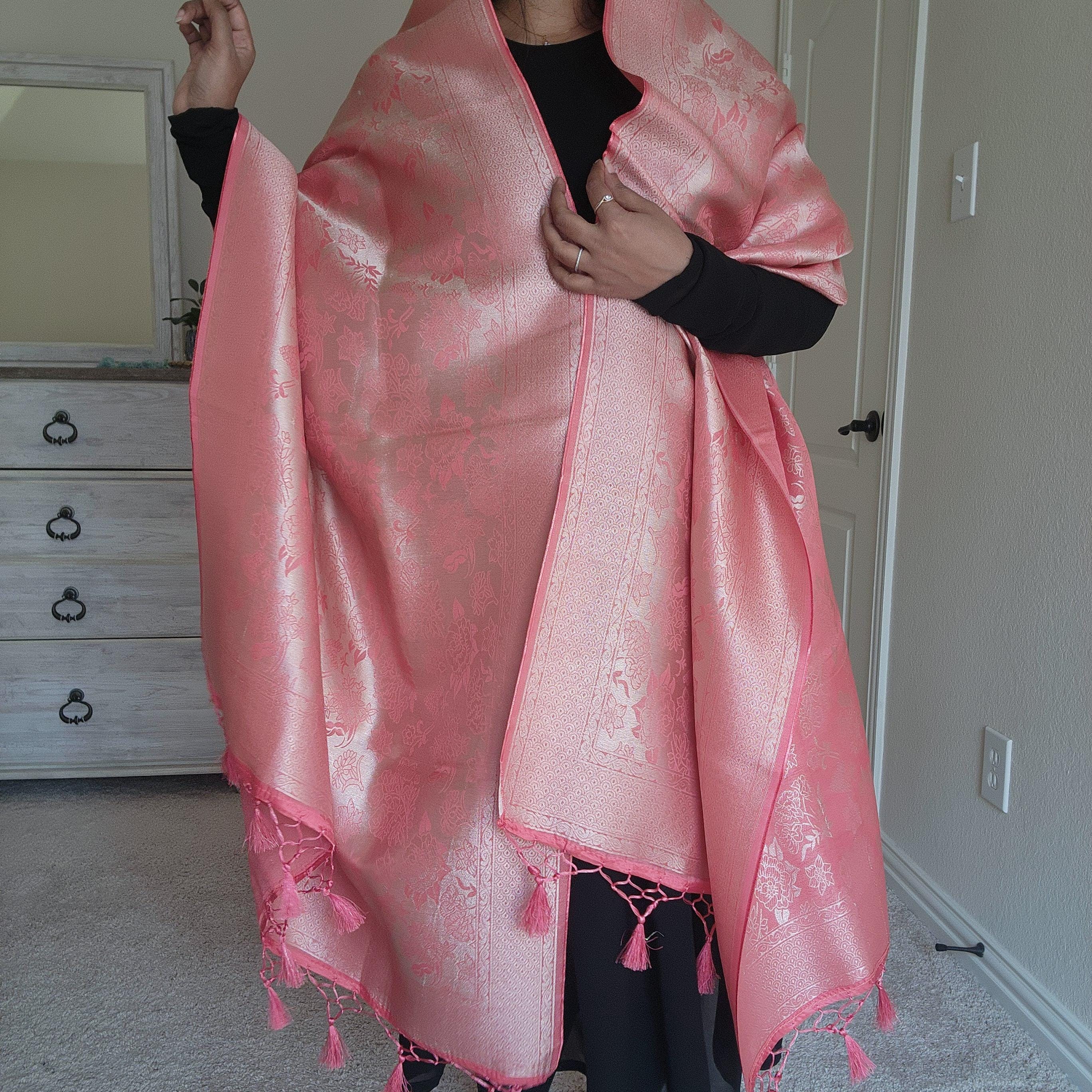 Banarasi Katan Silk Handwoven Dupatta in Coral Pink