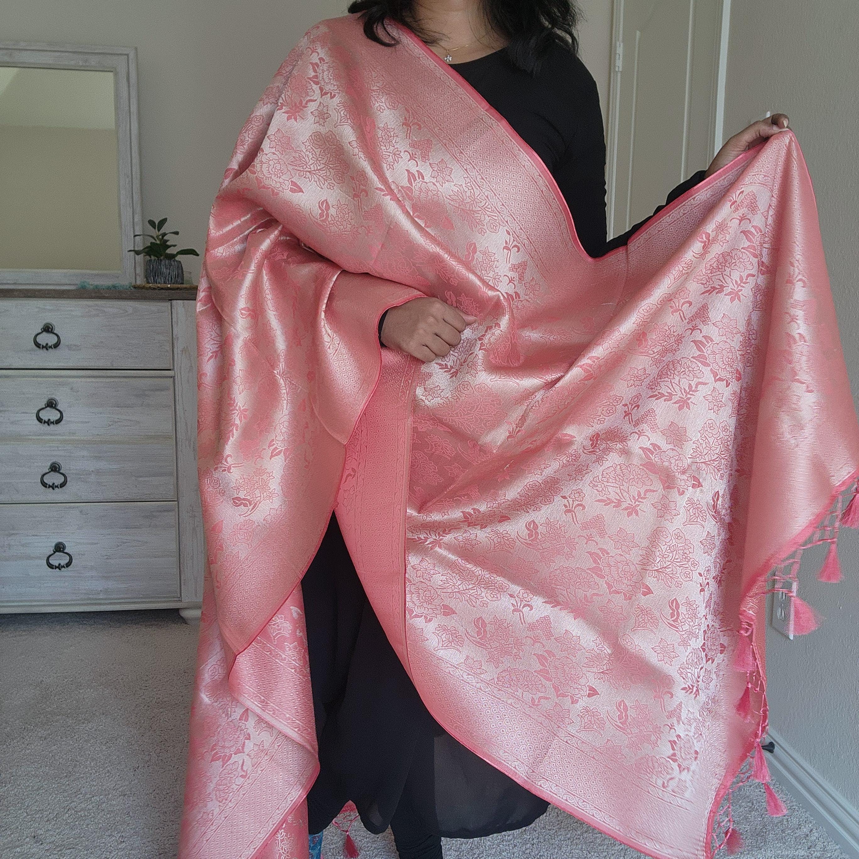 Banarasi Katan Silk Handwoven Dupatta in Coral Pink