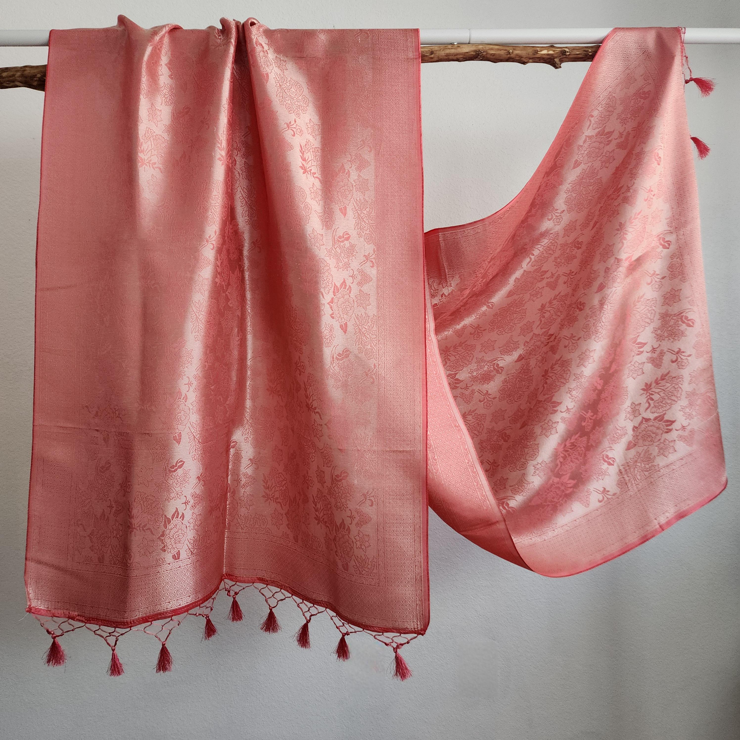 Banarasi Katan Silk Handwoven Dupatta in Coral Pink