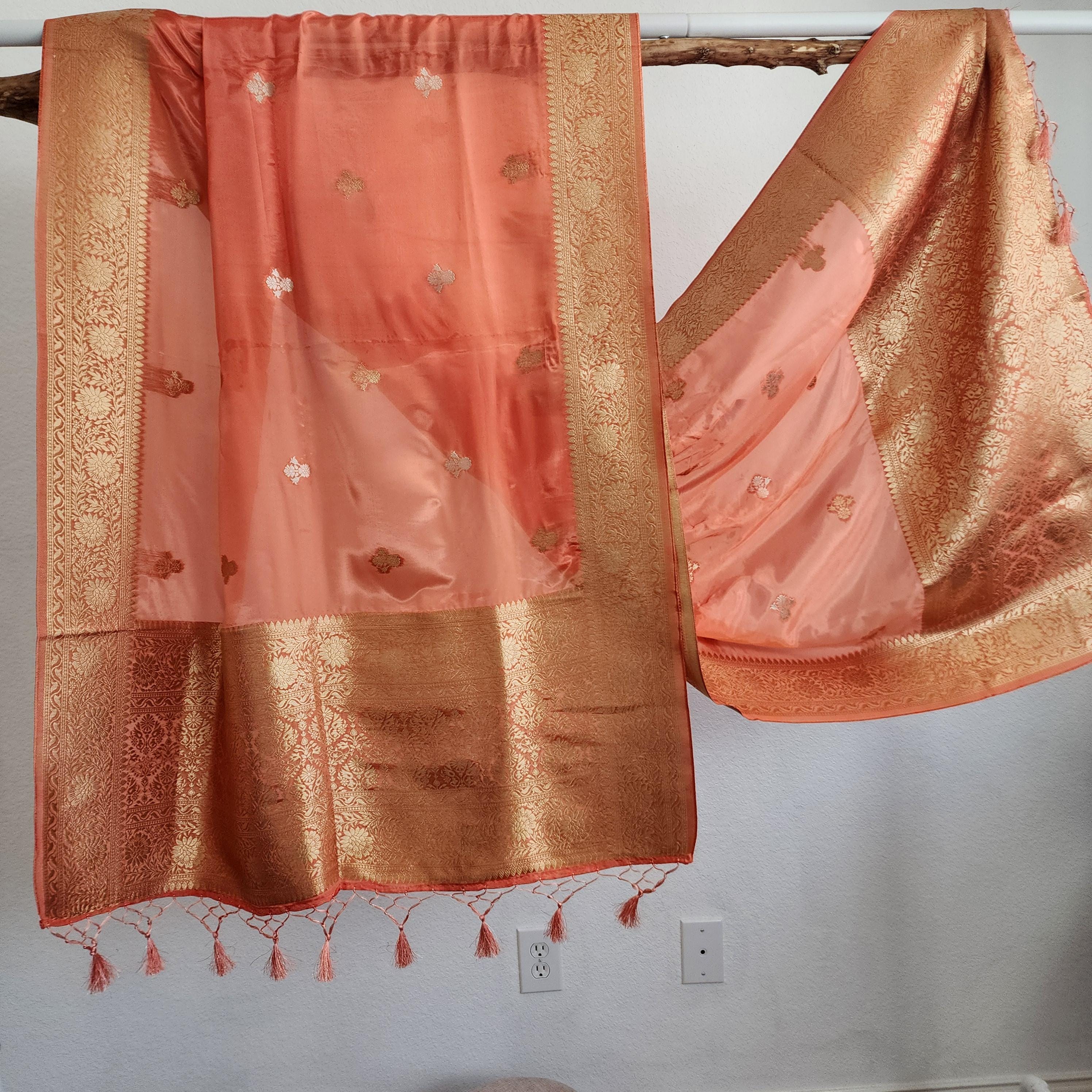 Banarasi Katan Silk Handwoven Dupatta in Peach