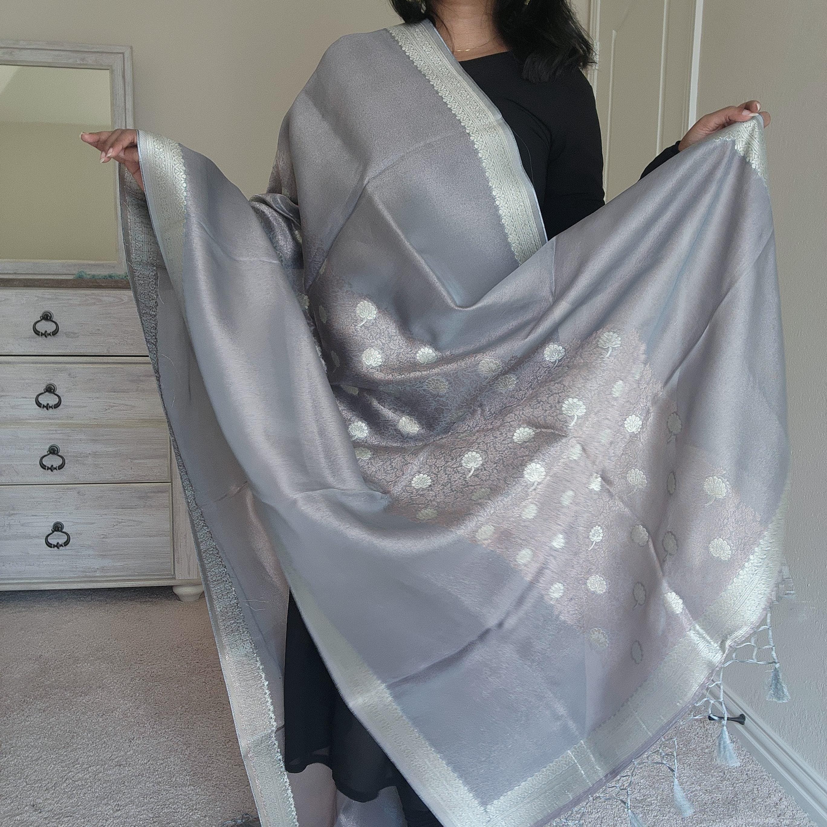 Banarasi Khadi Tissue Silk Dupatta in Gray
