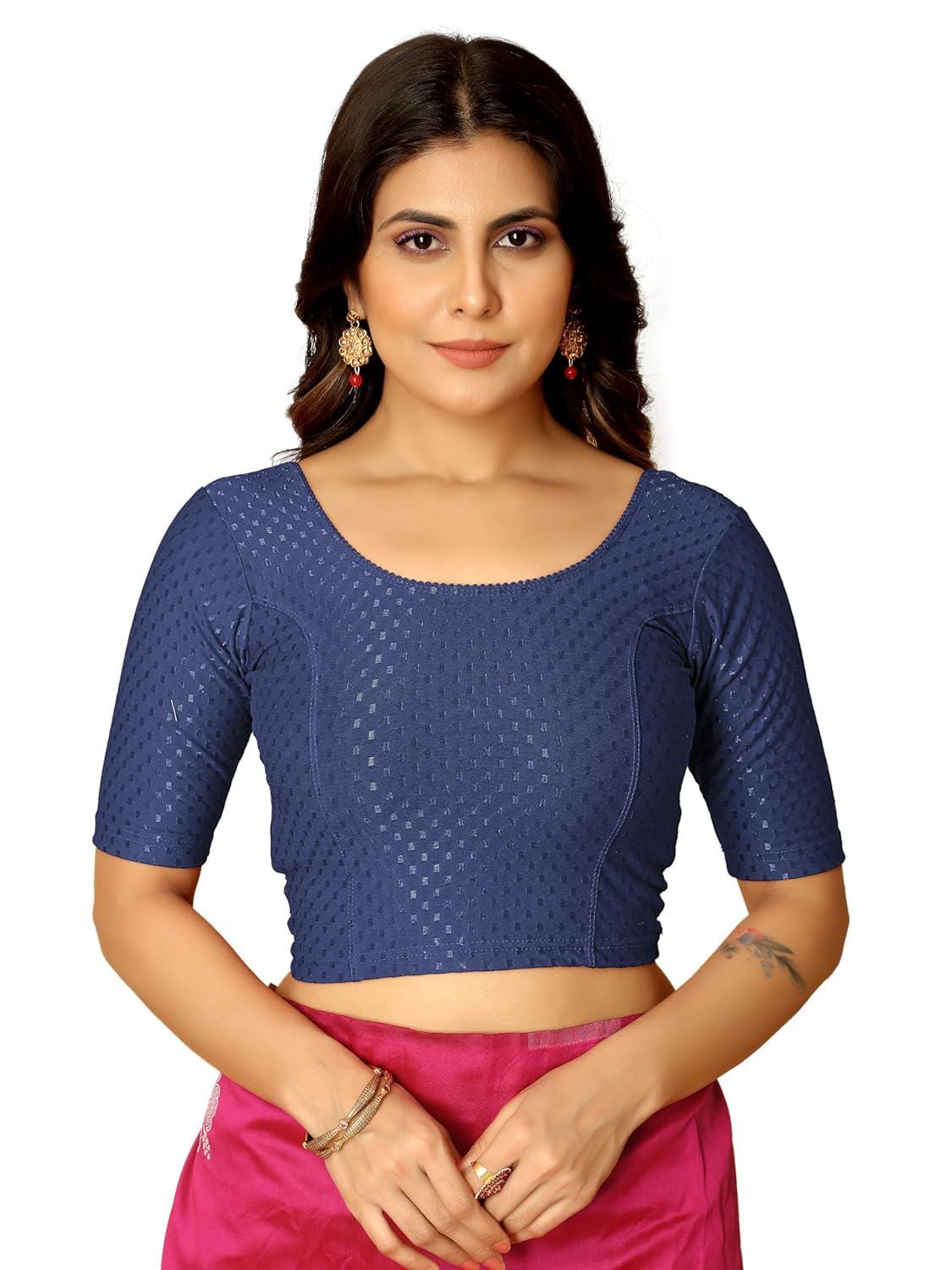 Anarva Round Neck Dobby Cotton Lycra Stretchable Elbow Half Sleeve Readymade Saree Blouse for Women Stylish