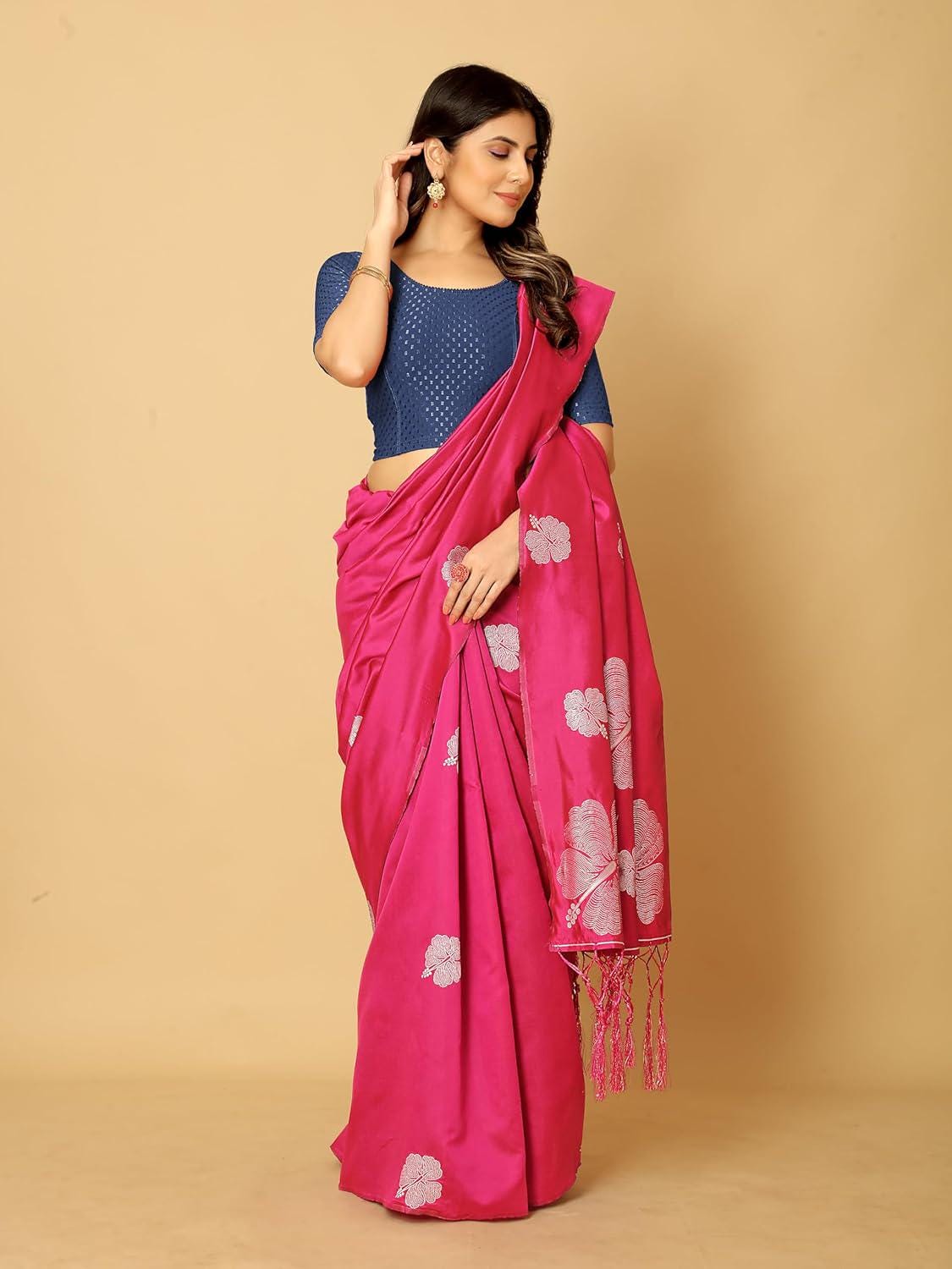 Anarva Round Neck Dobby Cotton Lycra Stretchable Elbow Half Sleeve Readymade Saree Blouse for Women Stylish