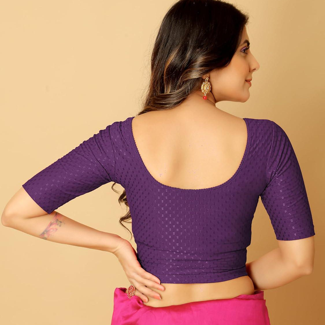 Purple - Stretchable Elbow Sleeve Saree Blouse