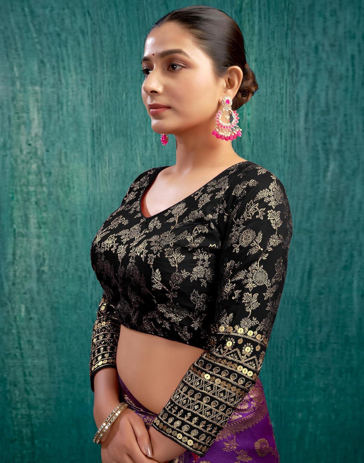Padded Saree Blouse with Sequence Embroidery- 3/4 Sleeve