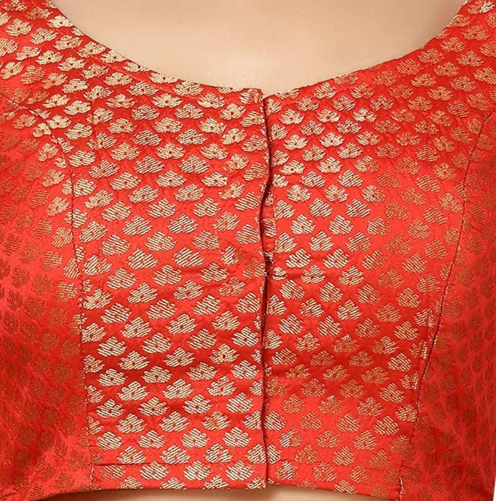 Red Brocade Front Open Blouse – Elbow Length Sleeves