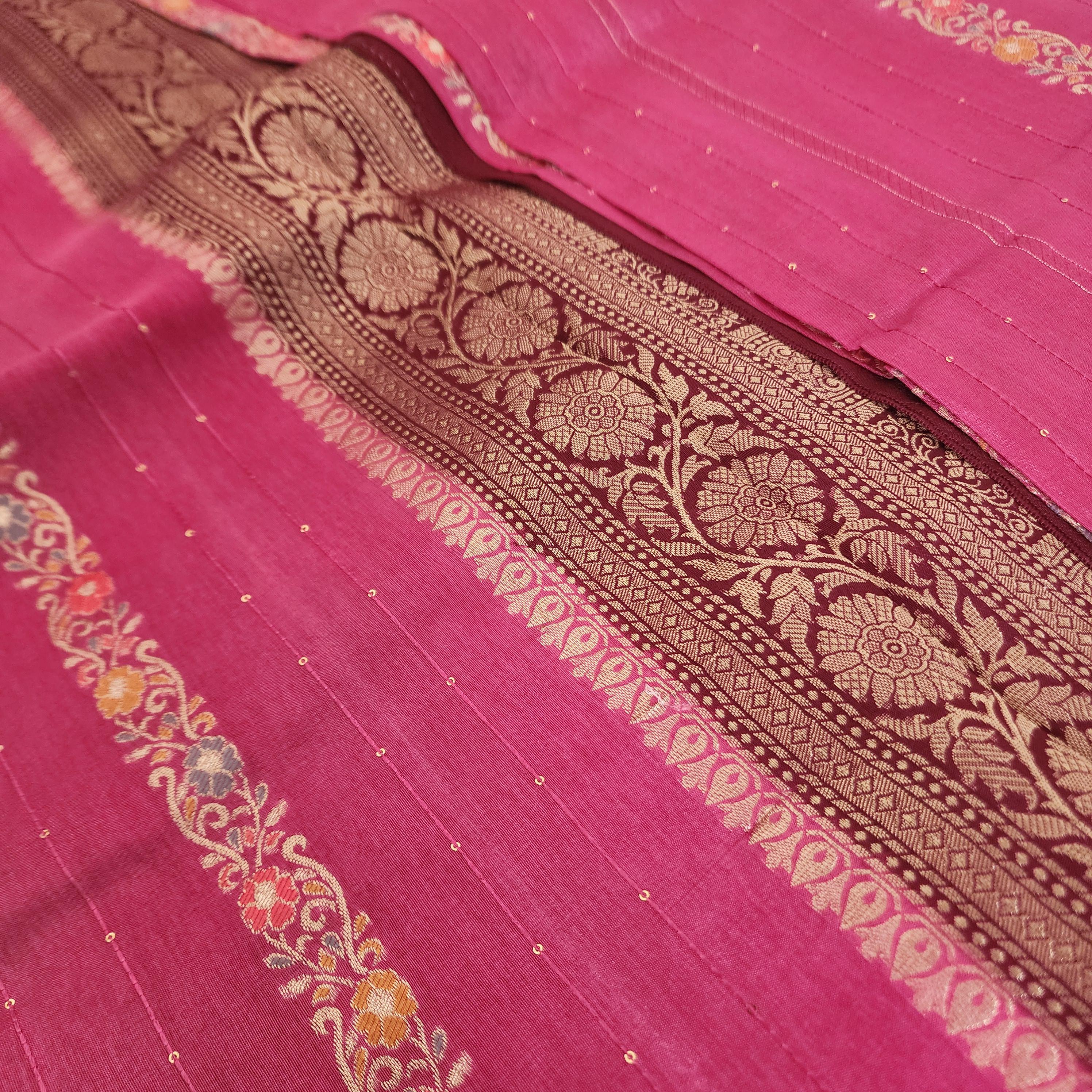 Pink Banarasi Dola Silk Saree with Maroon Border & Floral meenakari stripes