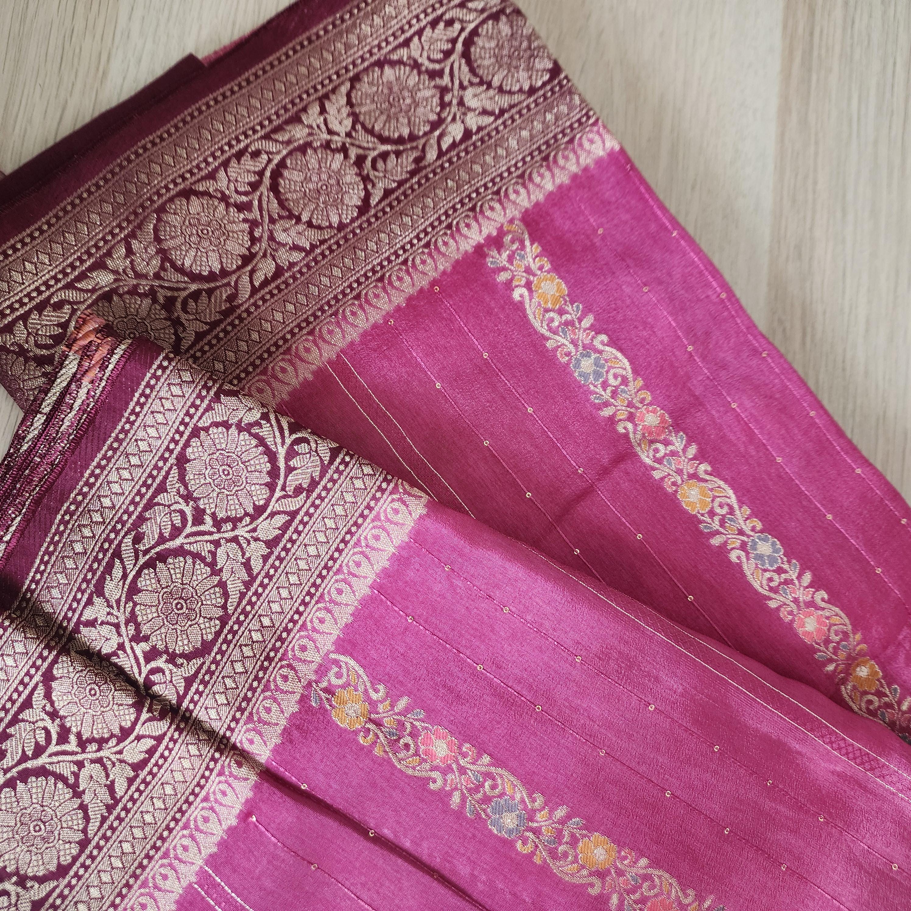 Pink Banarasi Dola Silk Saree with Maroon Border & Floral meenakari stripes