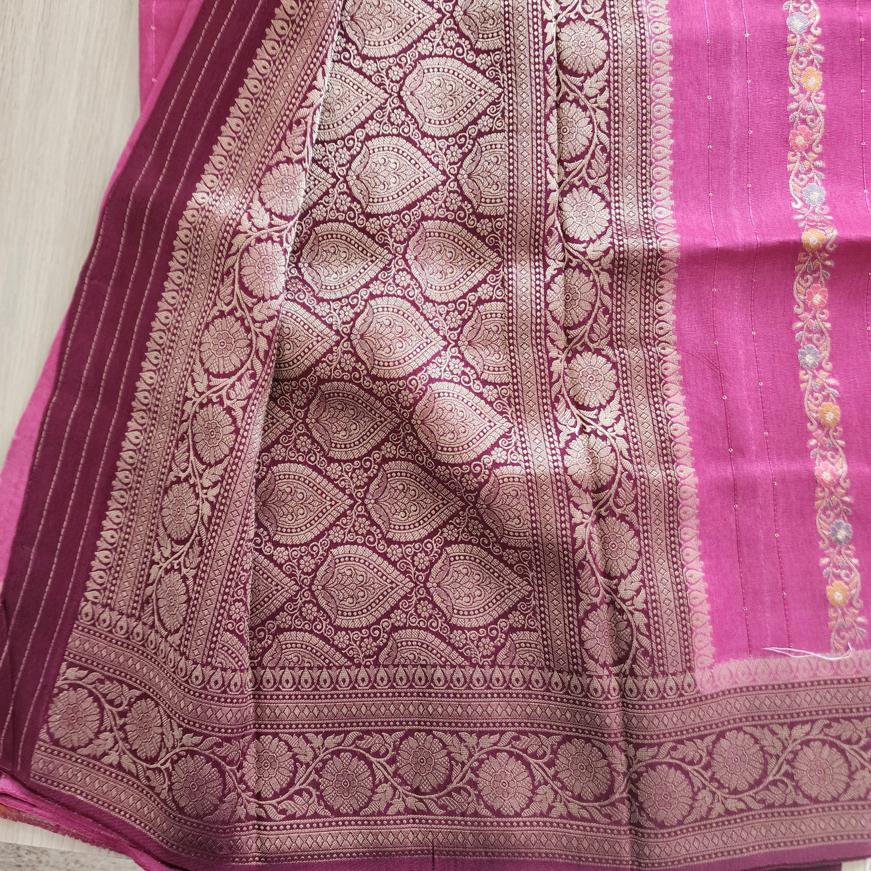 Pink Banarasi Dola Silk Saree with Maroon Meenakari Border