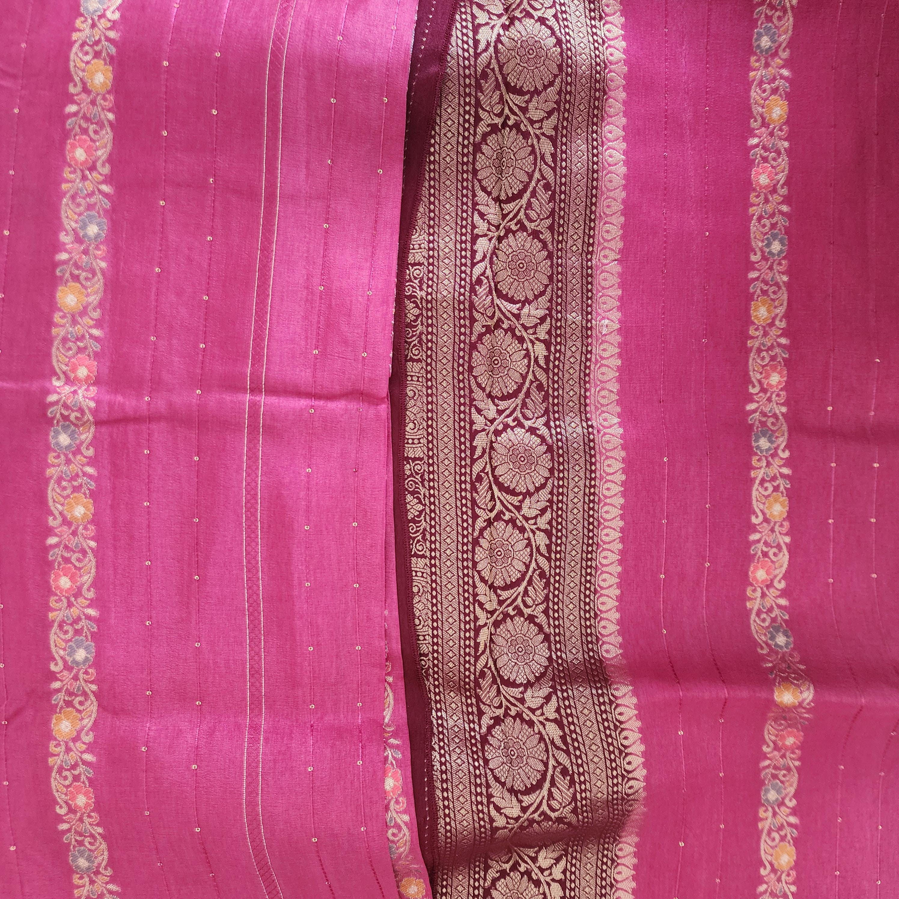 Pink Banarasi Dola Silk Saree with Maroon Border & Floral meenakari stripes