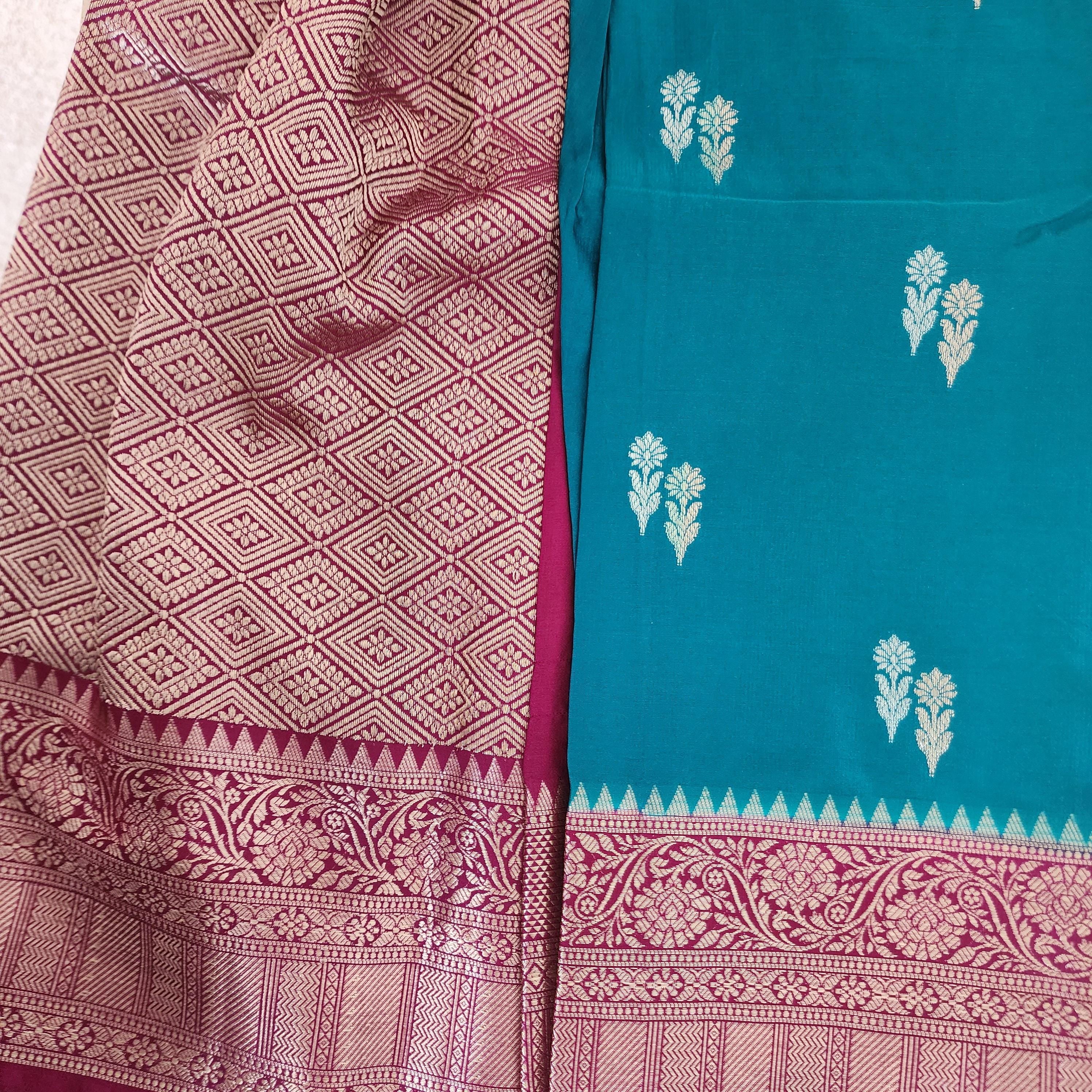 Turquoise Mashru Silk Saree with Rich Magenta Border