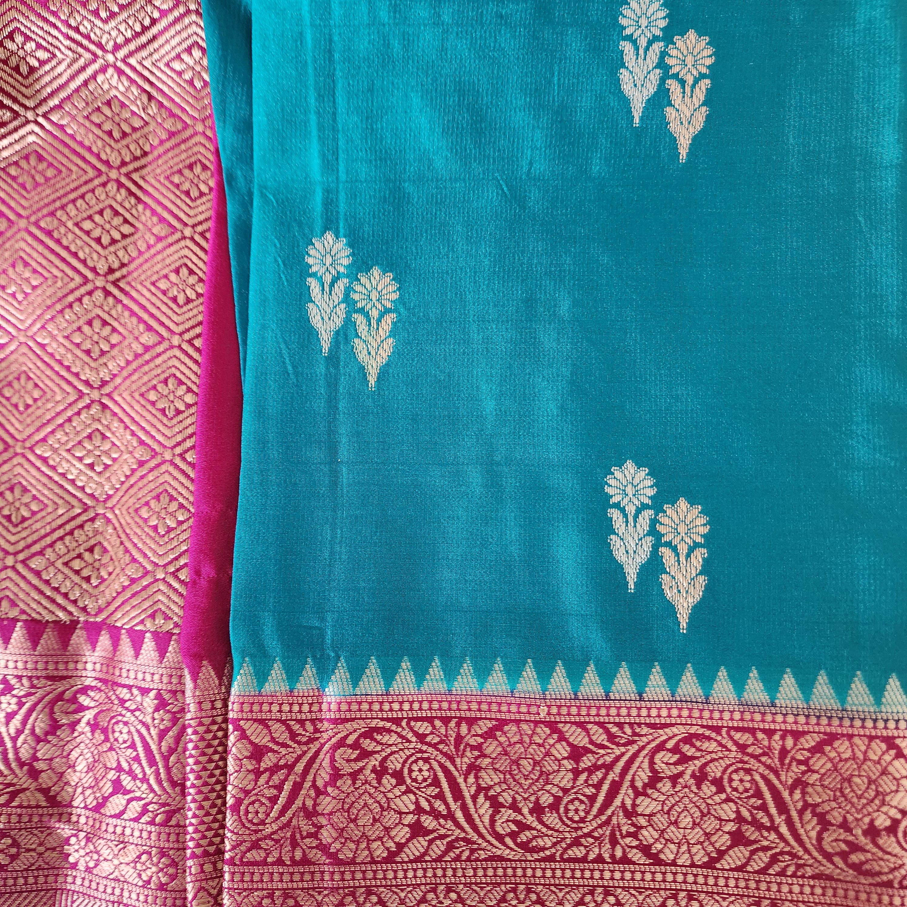 Turquoise Mashru Silk Saree with Rich Magenta Border