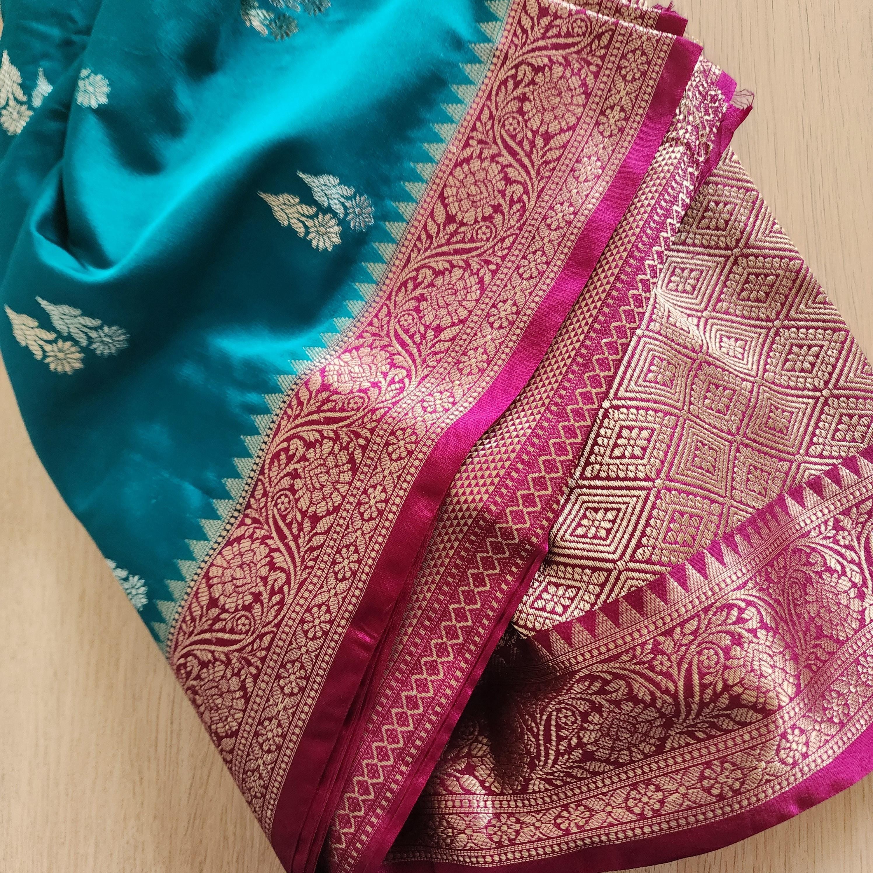 Turquoise Mashru Silk Saree with Rich Magenta Border