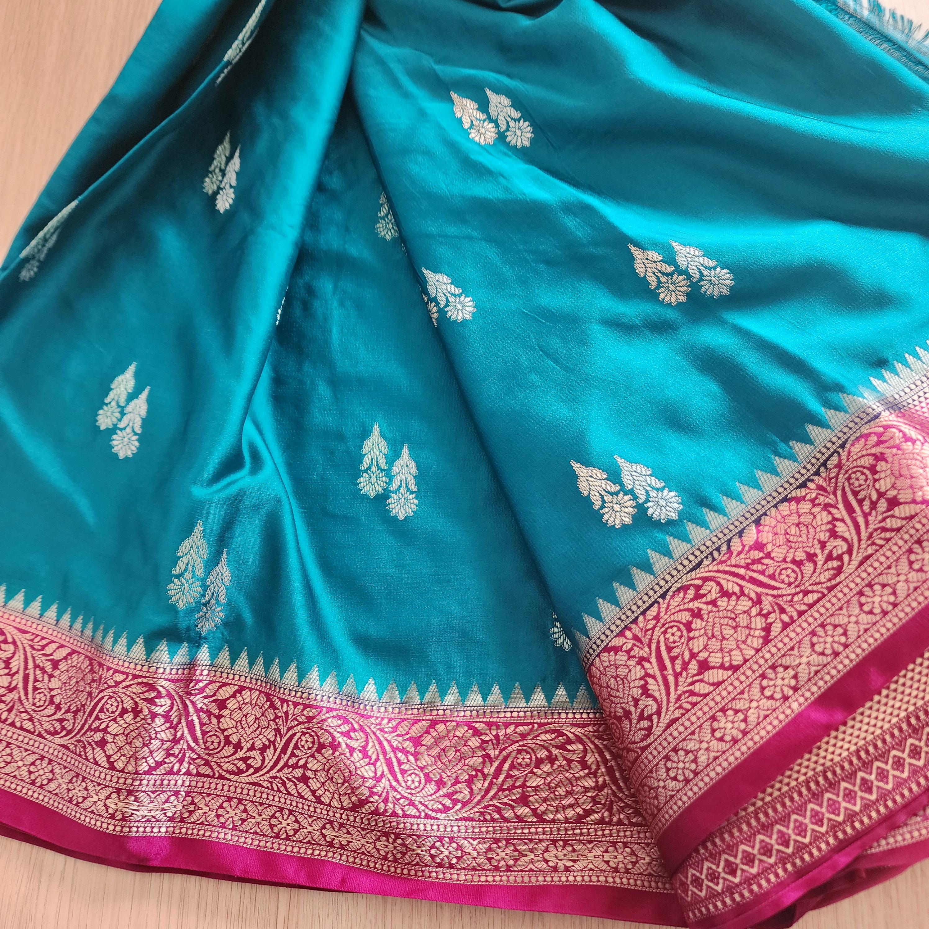 Turquoise Mashru Silk Saree with Rich Magenta Border