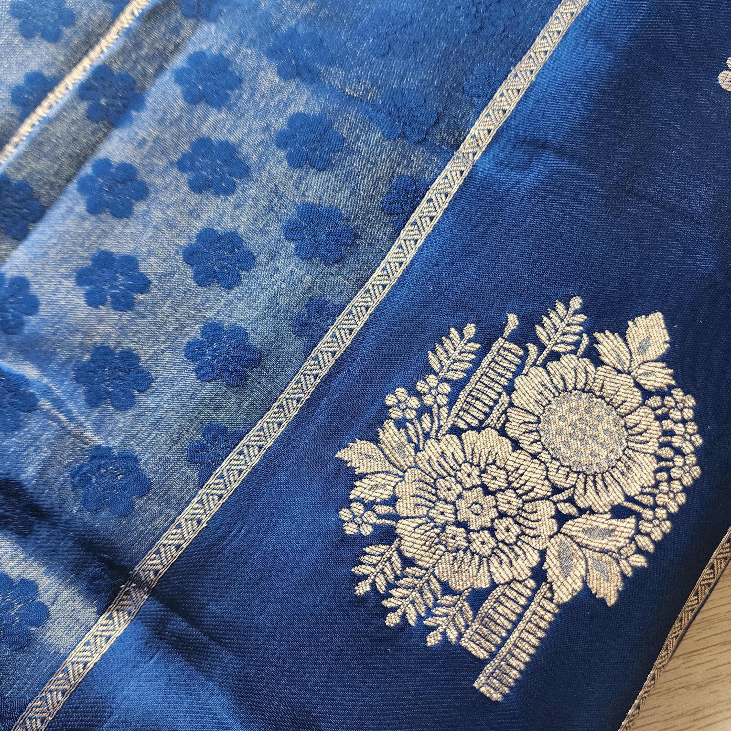 Royal Blue Muhsroo Tissue Patta Banarasi Silk Saree with Floral Zari Motifs