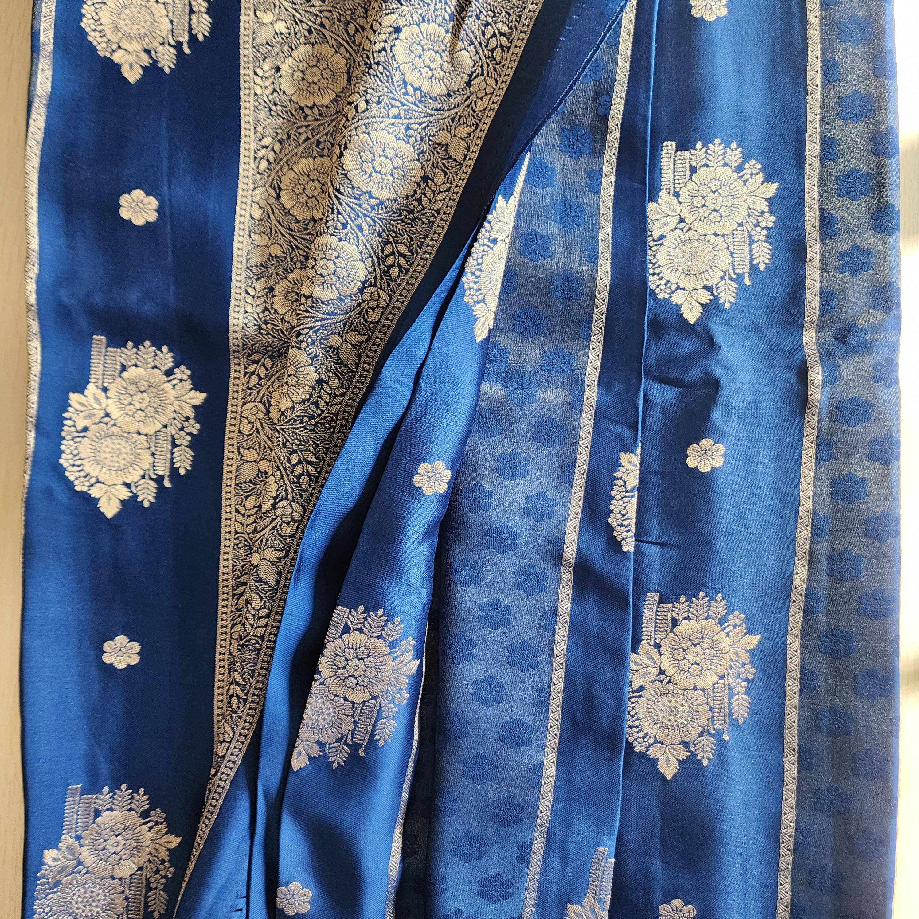 Royal Blue Muhsroo Tissue Patta Banarasi Silk Saree with Floral Zari Motifs