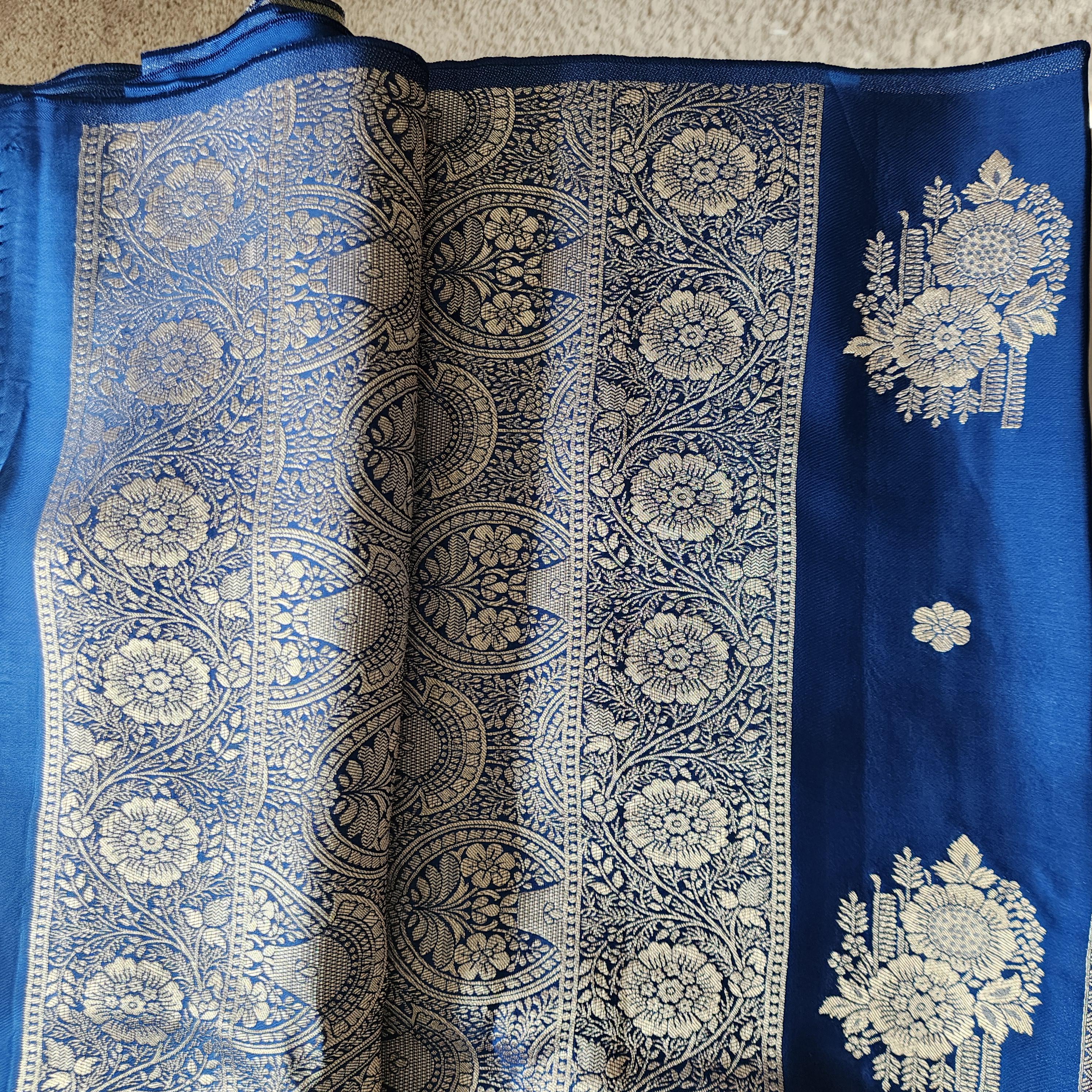 Royal Blue Muhsroo Tissue Patta Banarasi Silk Saree with Floral Zari Motifs