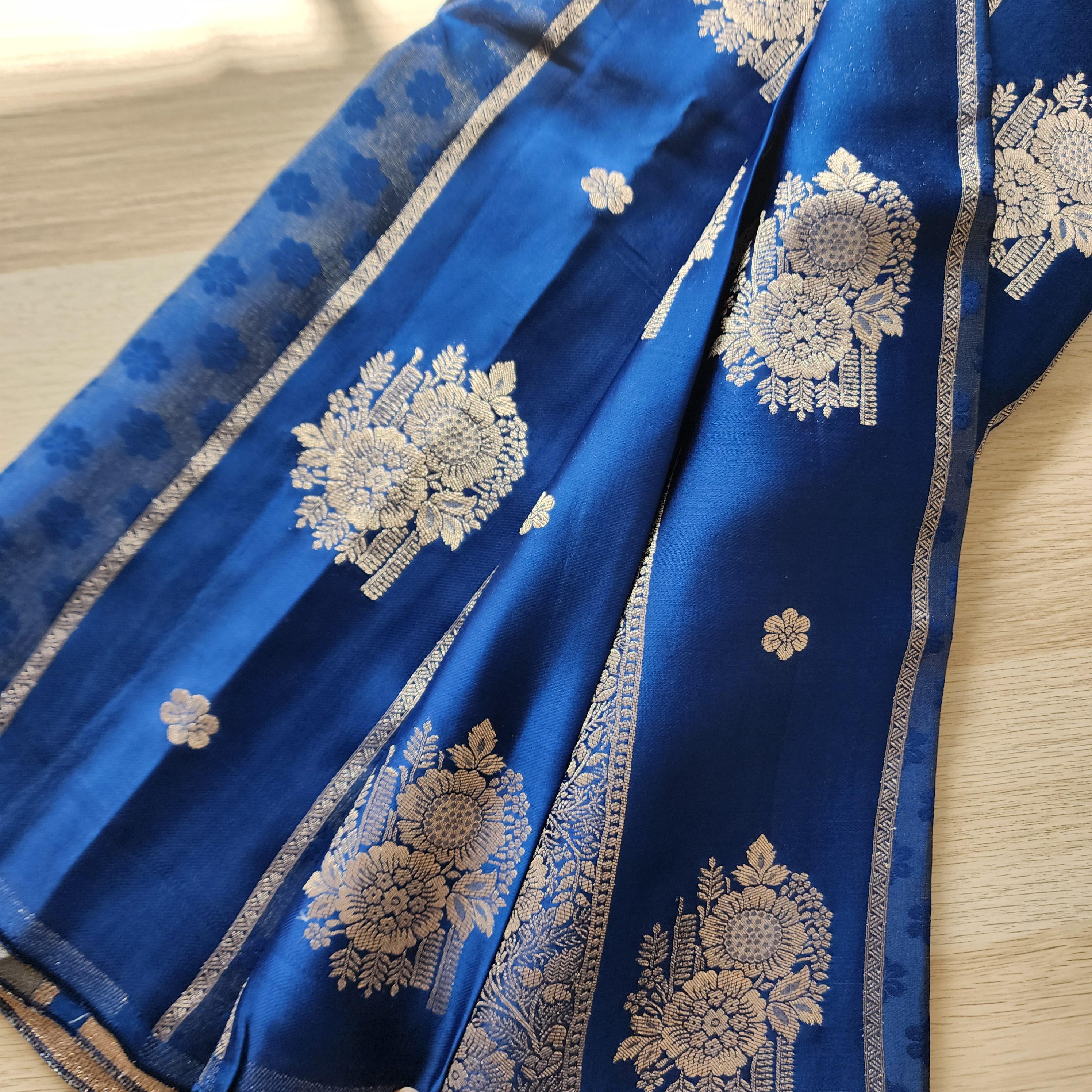 Royal Blue Muhsroo Tissue Patta Banarasi Silk Saree with Floral Zari Motifs