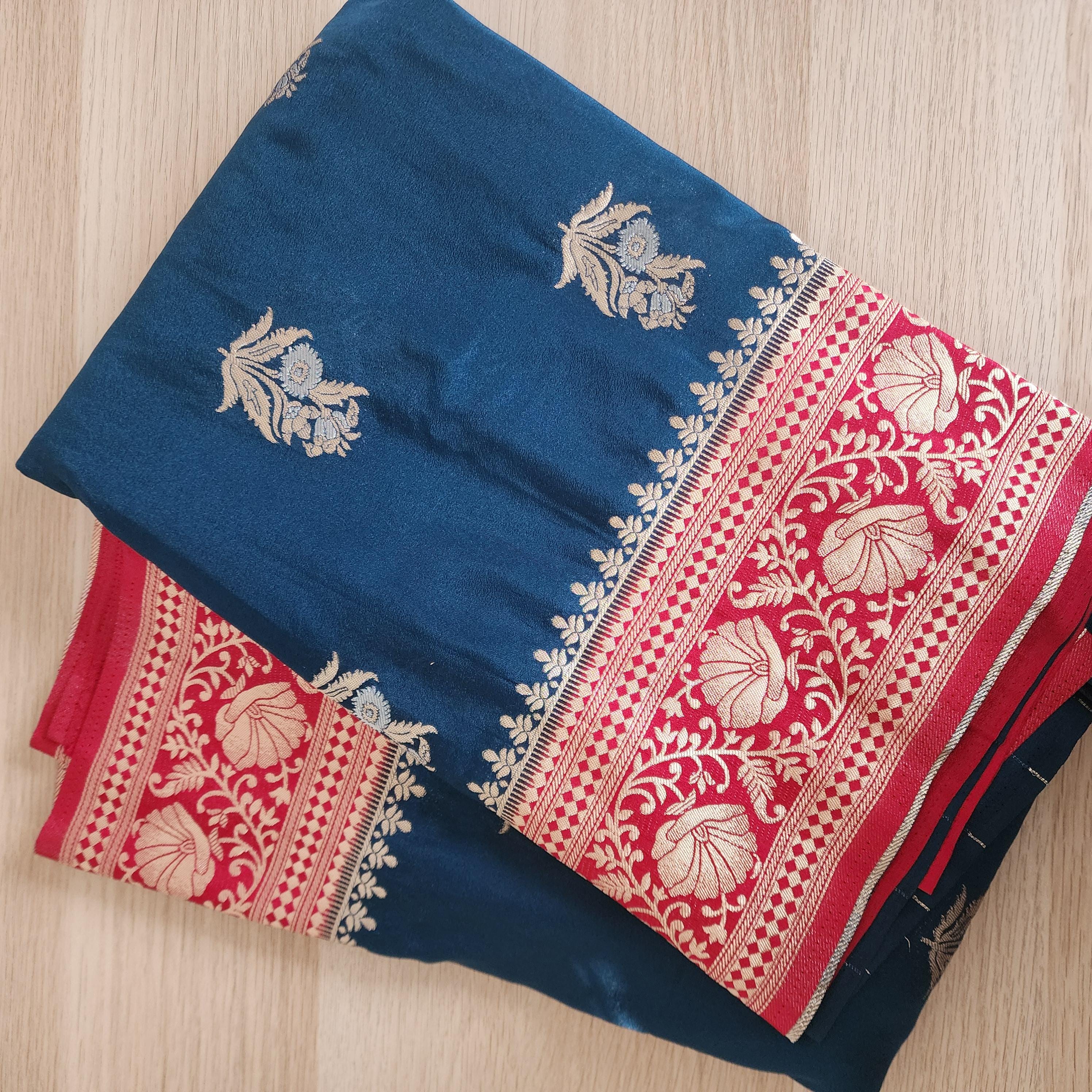 Elegant Peacock Blue Banarasi Mashru Silk Saree with traditional Red border & Pallu