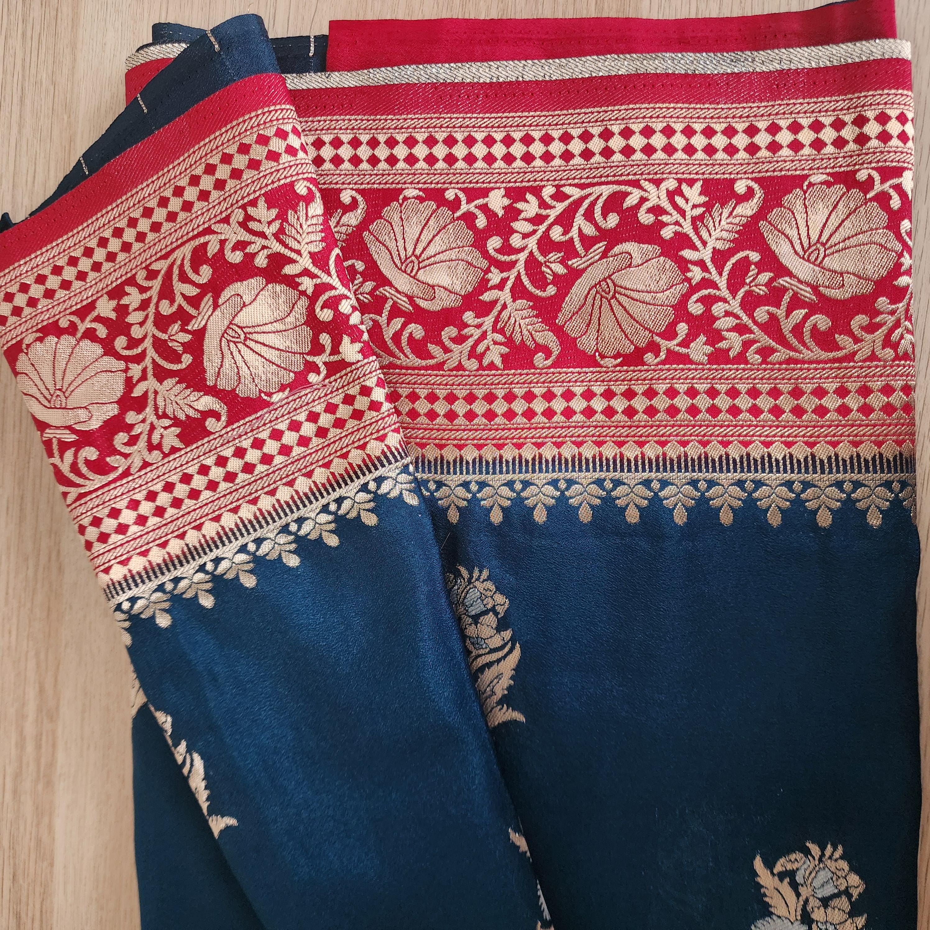 Elegant Peacock Blue Banarasi Mashru Silk Saree with traditional Red border & Pallu