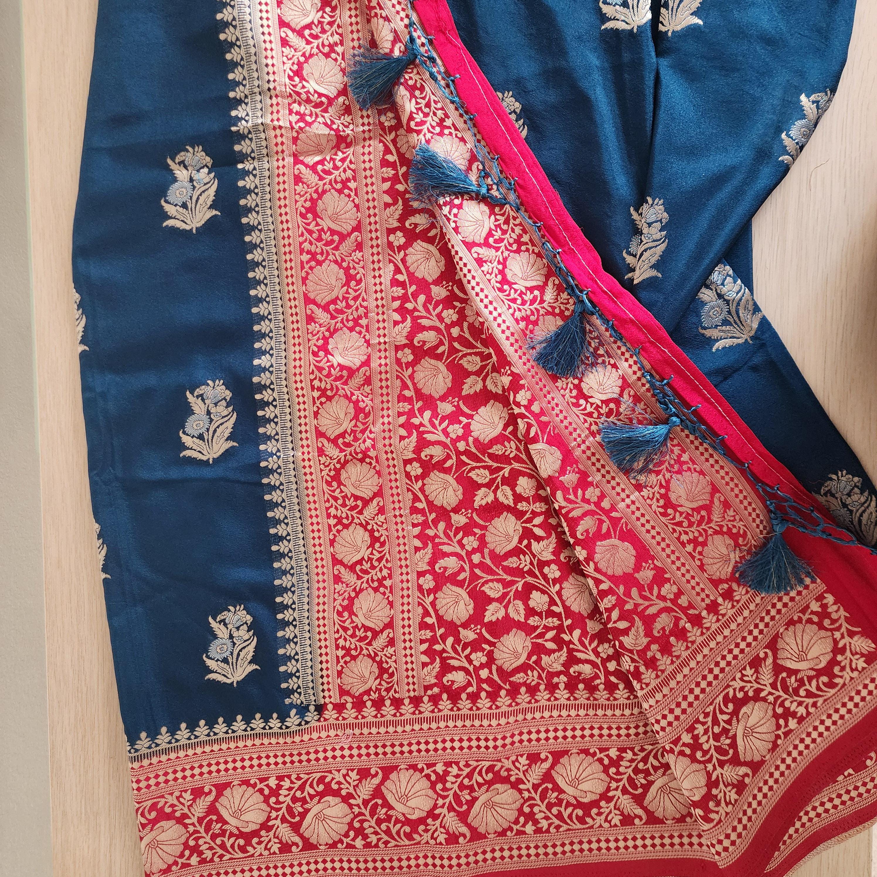 Elegant Peacock Blue Banarasi Mashru Silk Saree with traditional Red border & Pallu