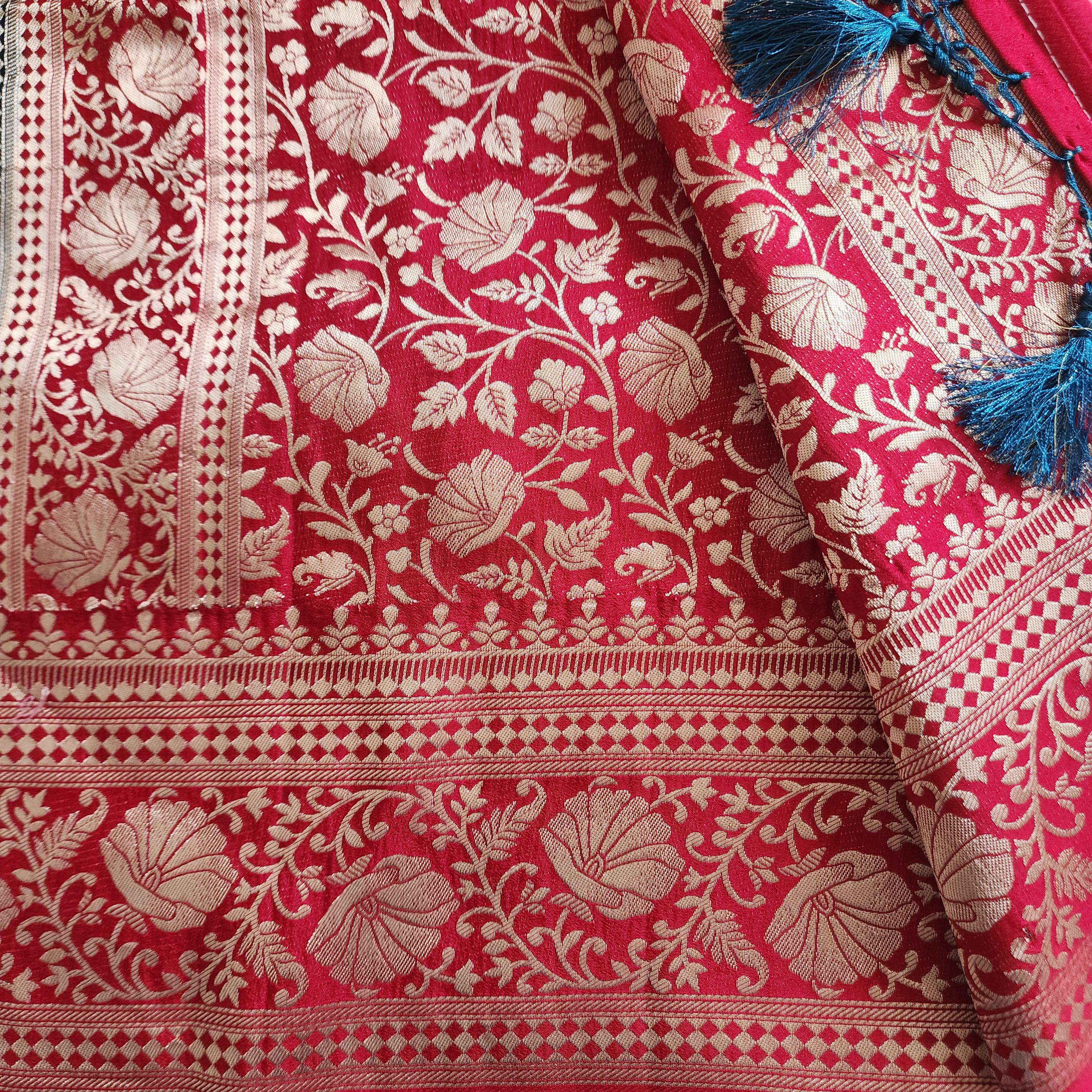 Elegant Peacock Blue Banarasi Mashru Silk Saree with traditional Red border & Pallu