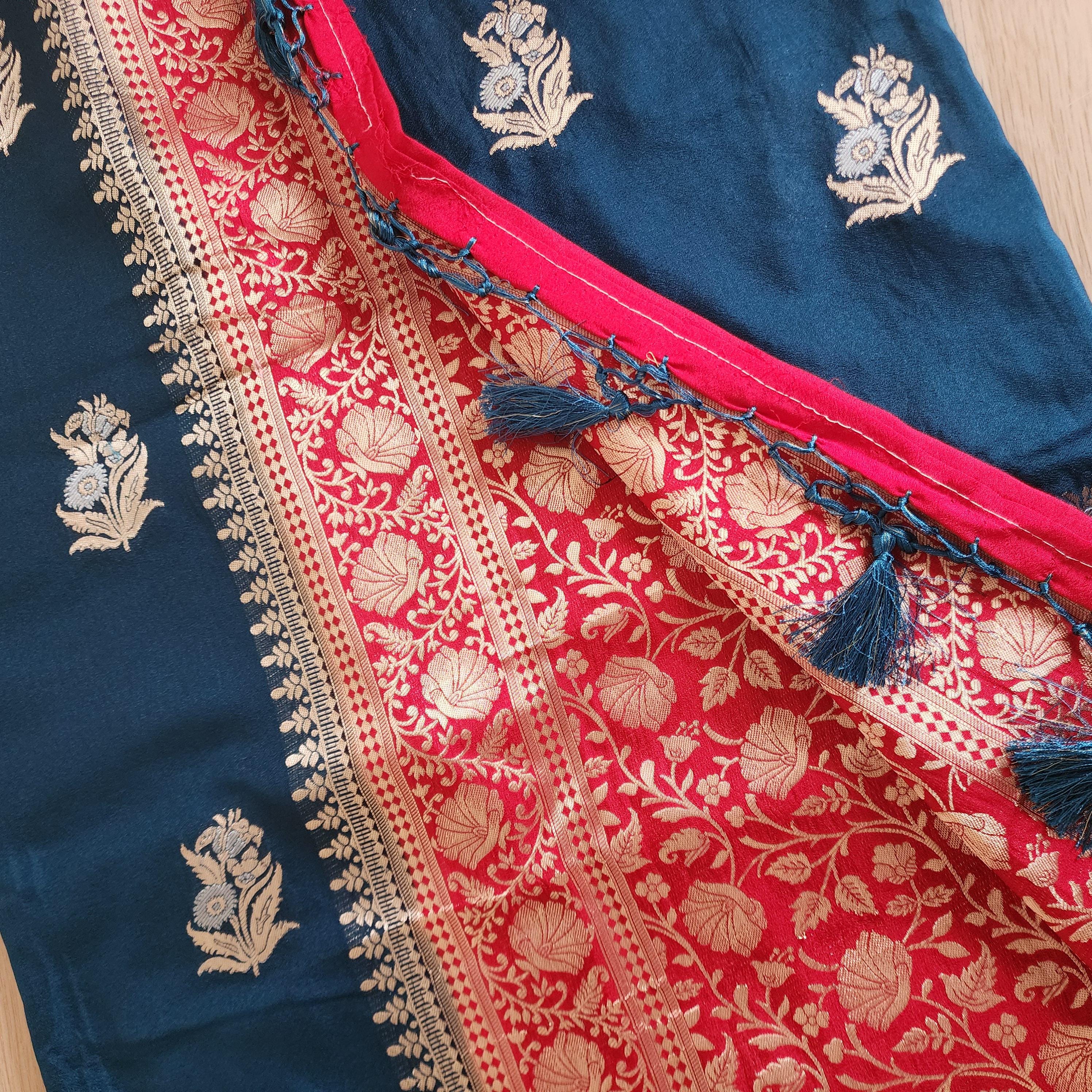 Elegant Peacock Blue Banarasi Mashru Silk Saree with traditional Red border & Pallu